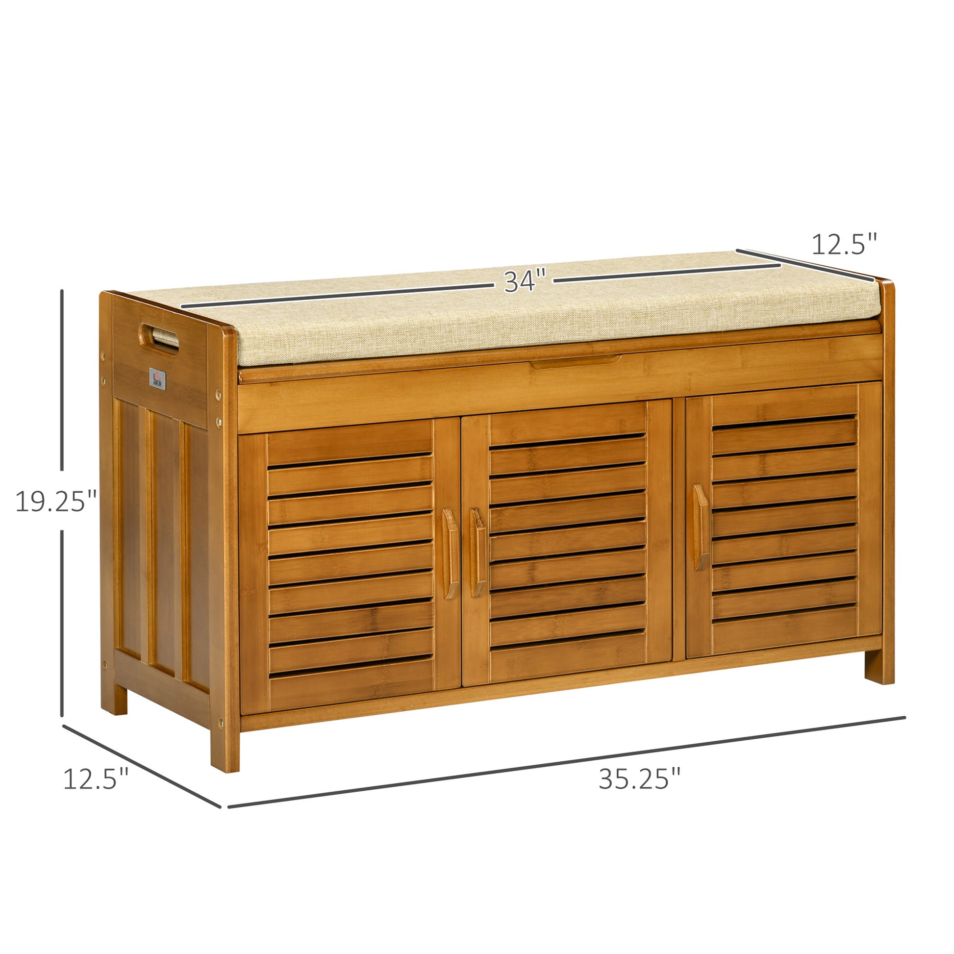 Bamboo shoe cabinet with slatted doors and cushioned seat