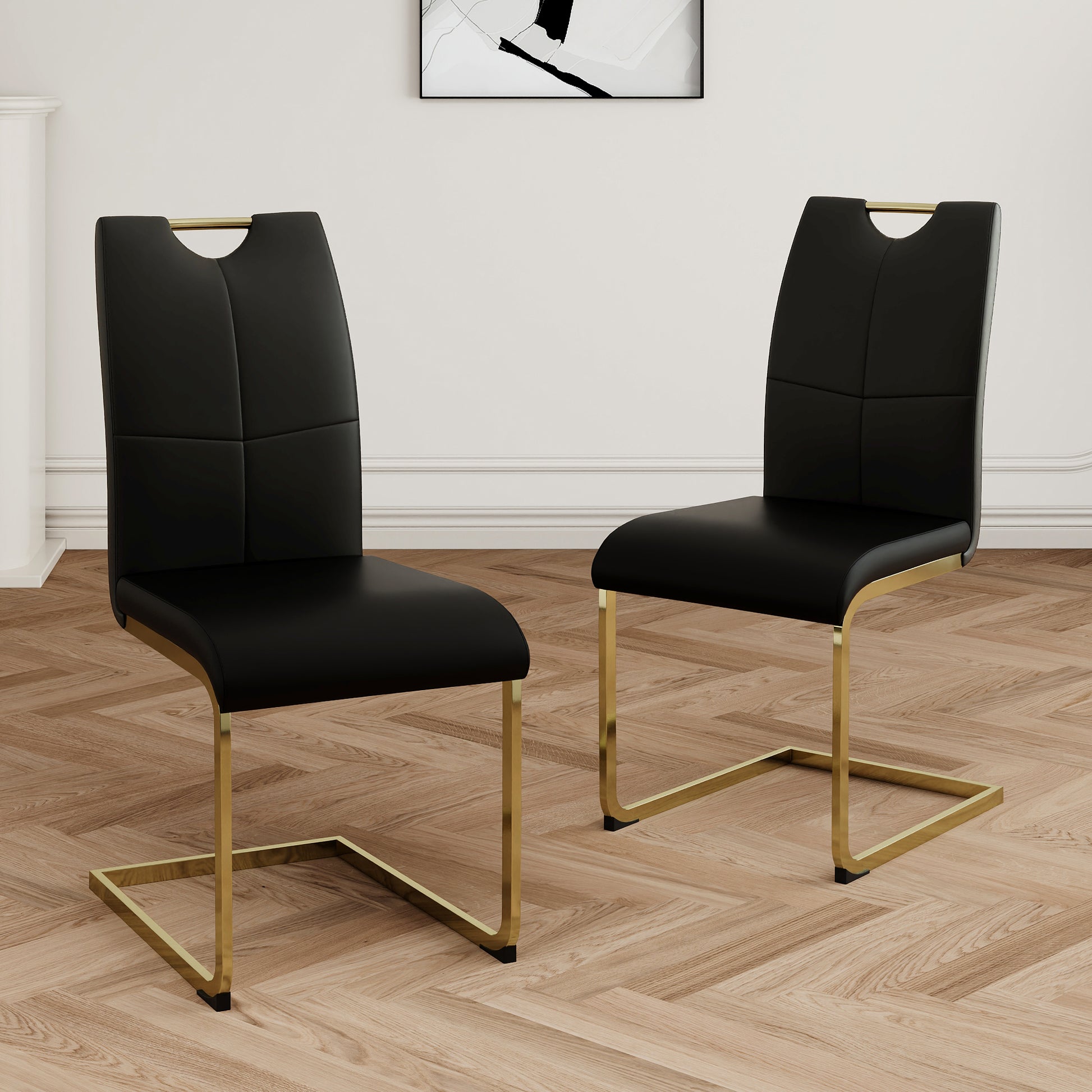 Black faux leather dining chair with gold metal legs and modern design