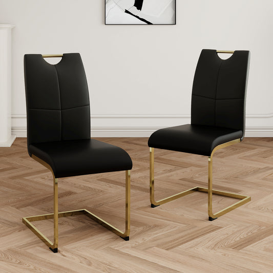 Black faux leather dining chair with gold metal legs and modern design