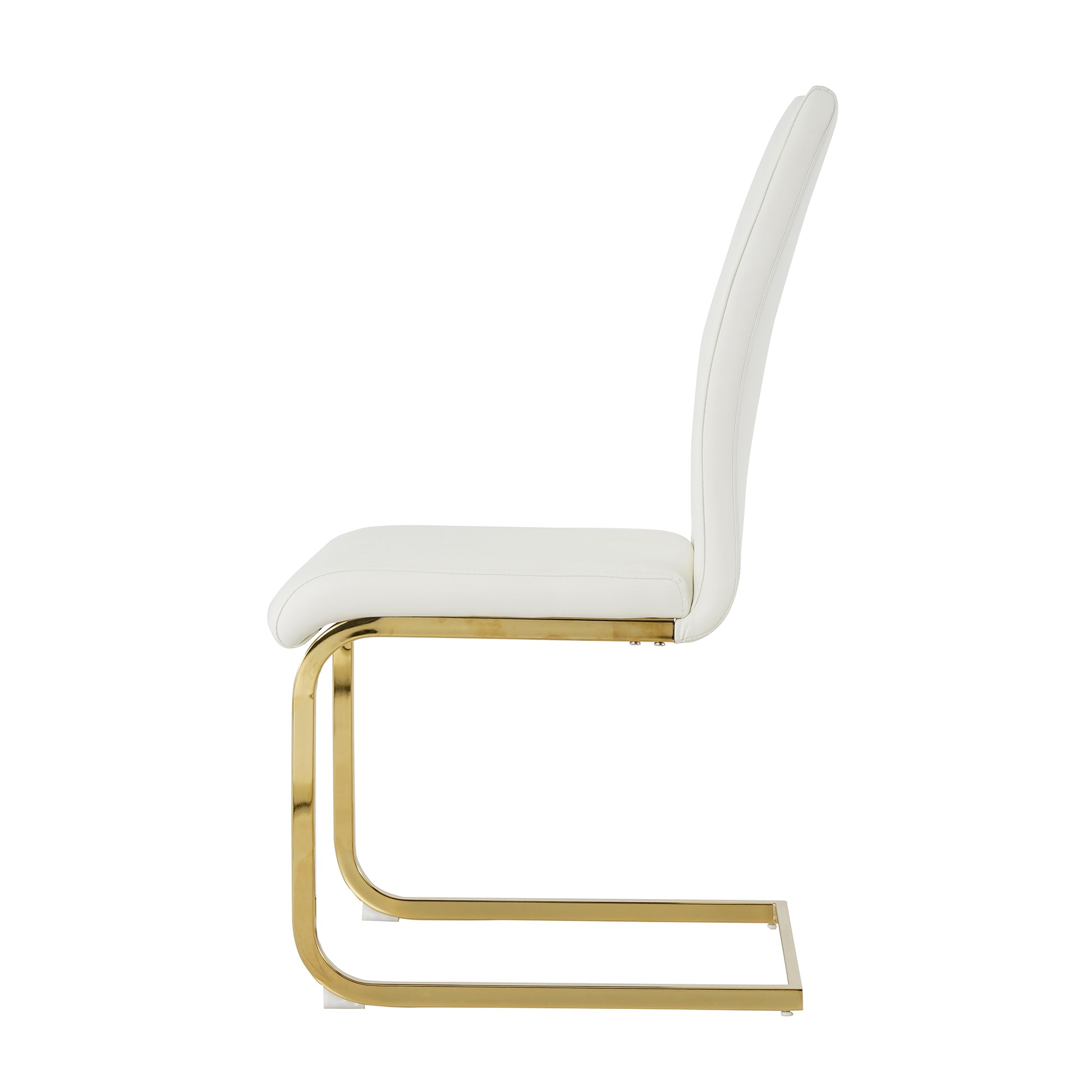 White faux leather dining chair with polished gold sled base