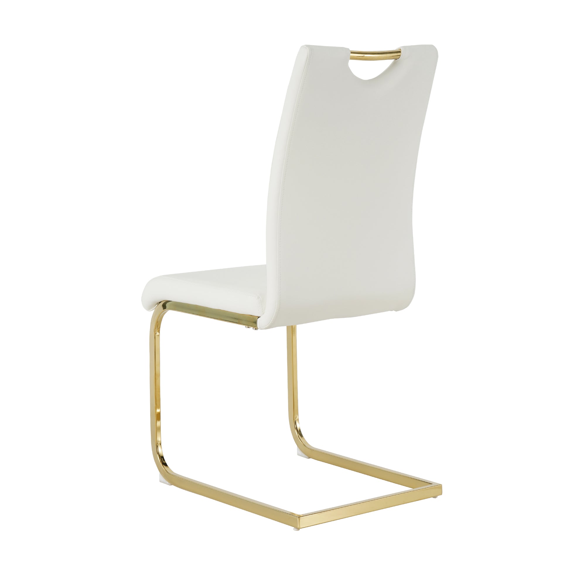 White faux leather dining chair with gold metal sled base
