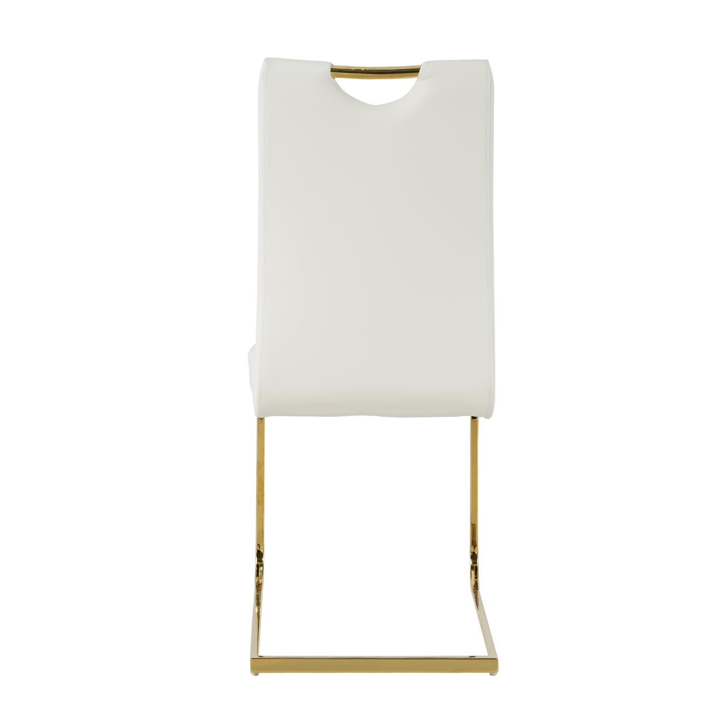 White upholstered dining chair with gold metal legs and cutout handle