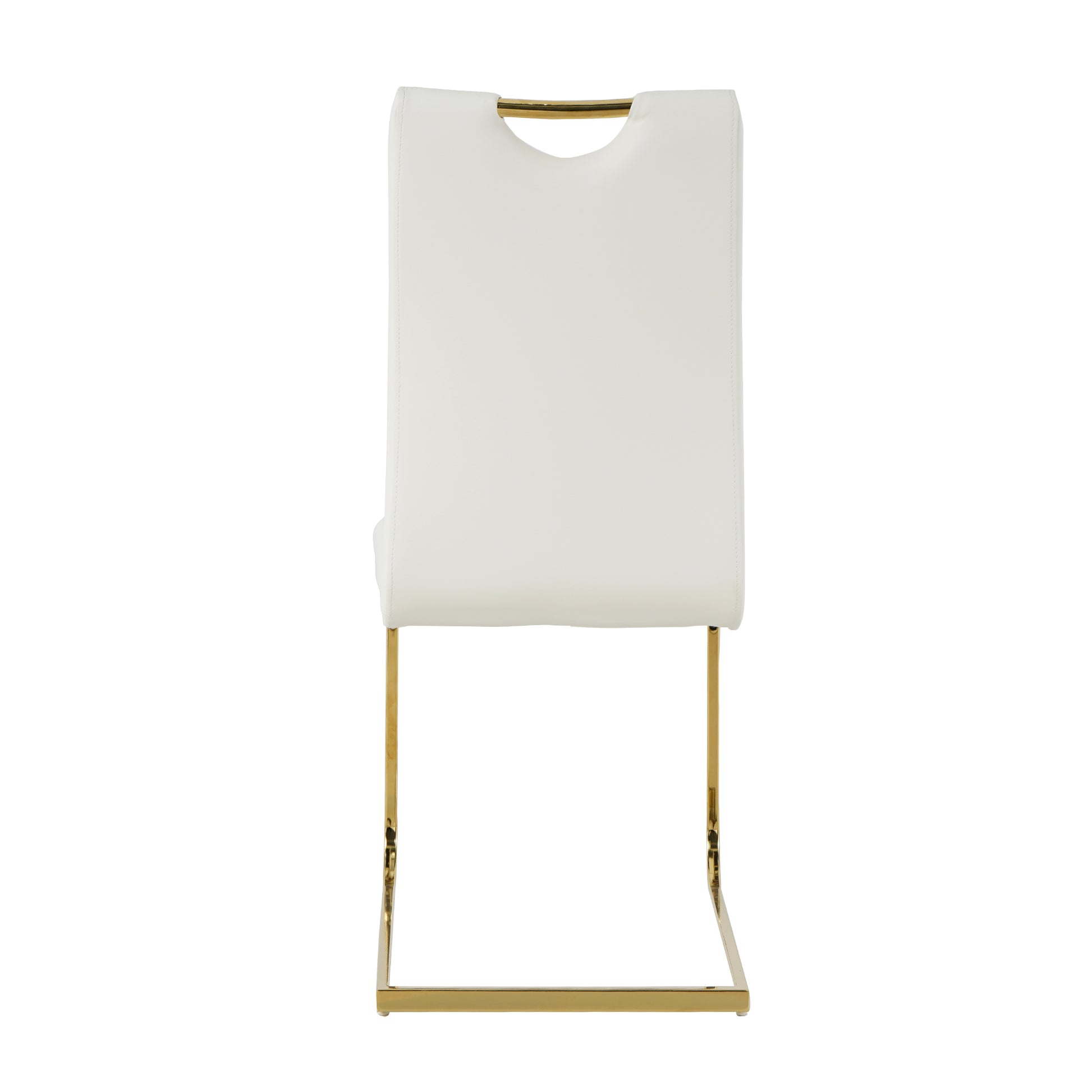 White upholstered dining chair with gold metal legs and cutout handle