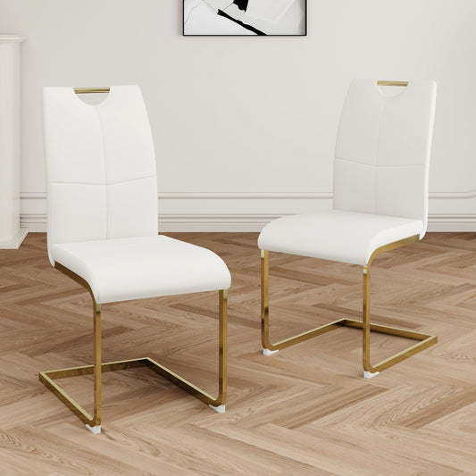 White faux leather dining chair with gold sled legs and gold handle