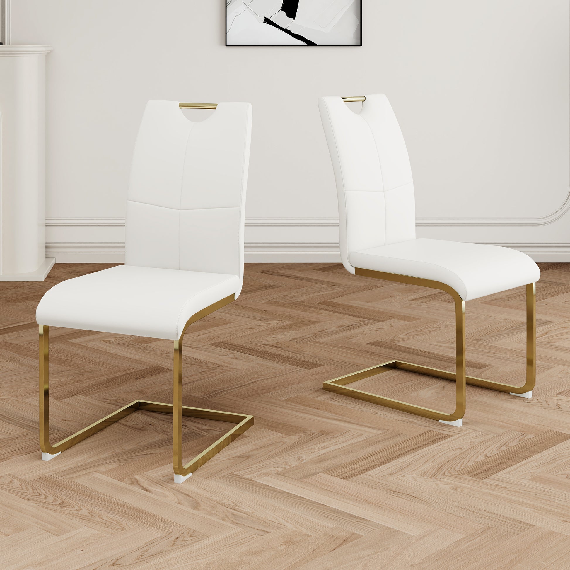 White faux leather dining chair with gold metal sled base
