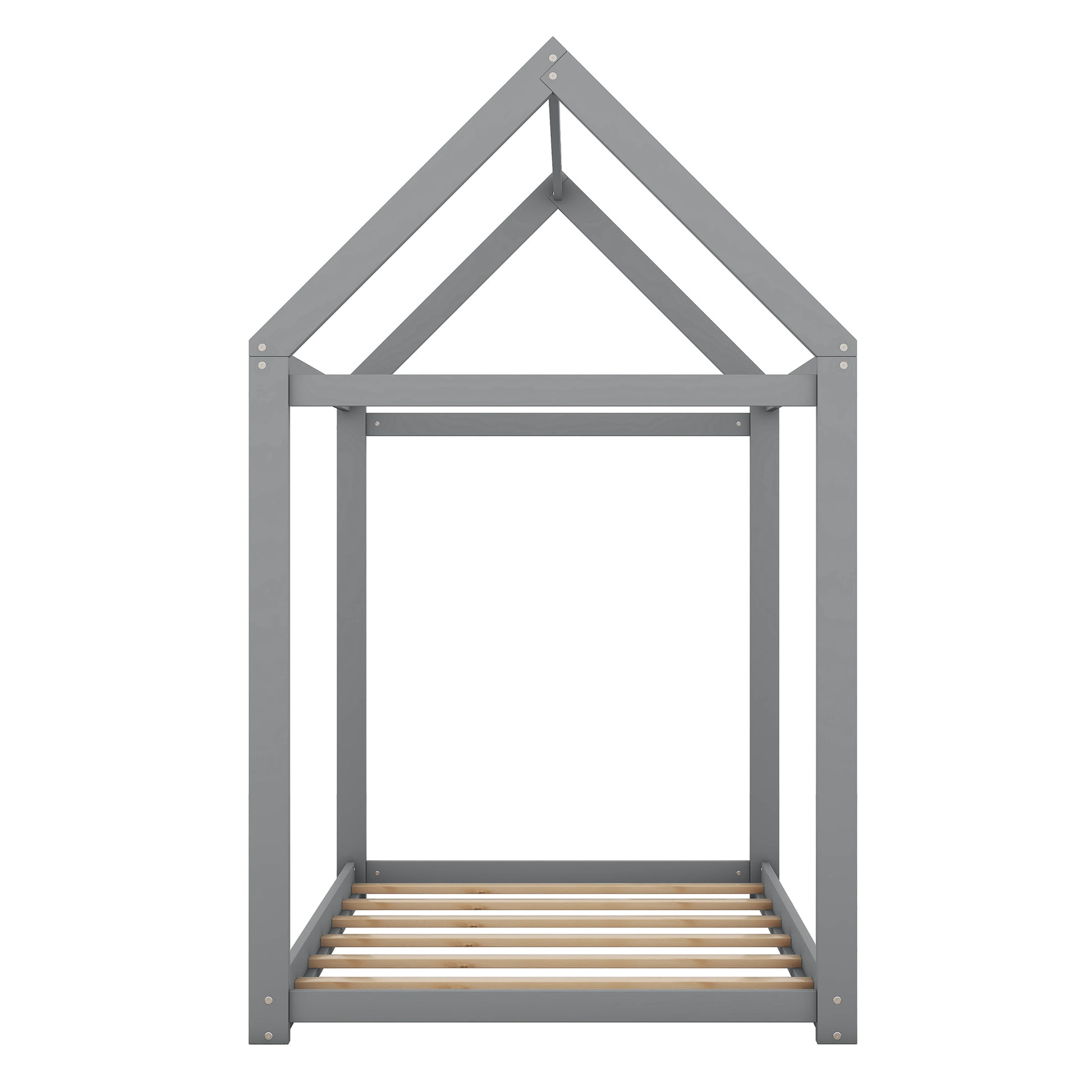 Gray wooden house bed frame with slatted base for kids