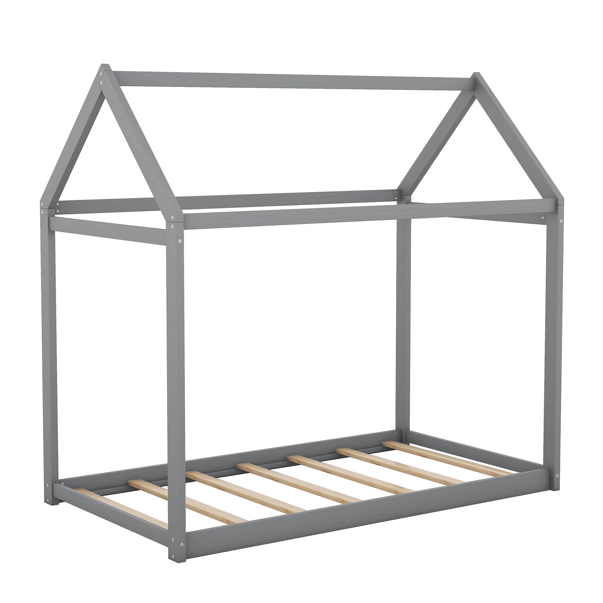 Gray wooden house bed frame with slatted base