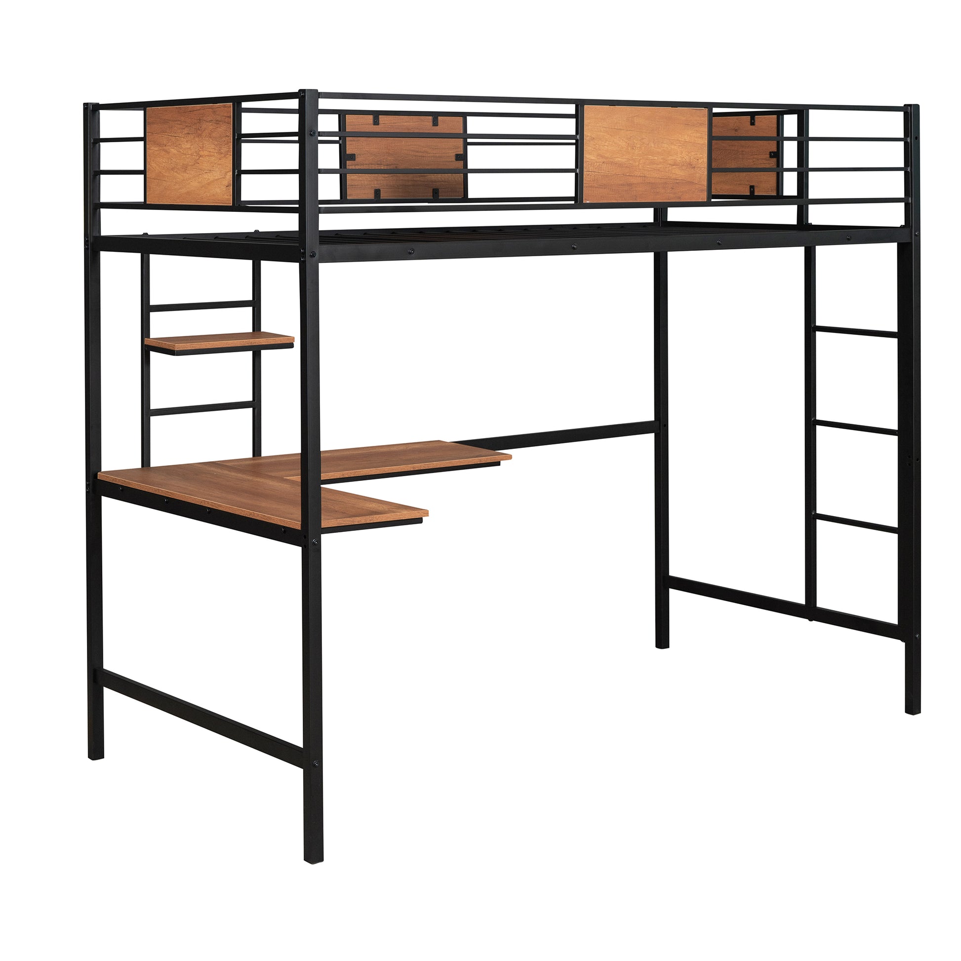 Black metal loft bed with wood accents and integrated desk and shelves for kids room