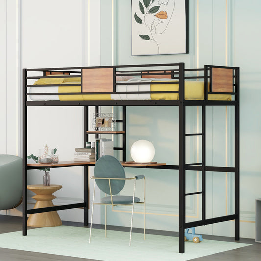 Black metal loft bed with integrated desk and wooden accents yellow bedding and a desk chair