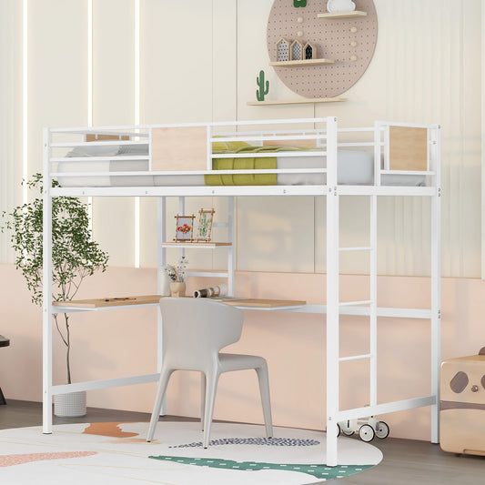 White metal loft bed with integrated desk and ladder