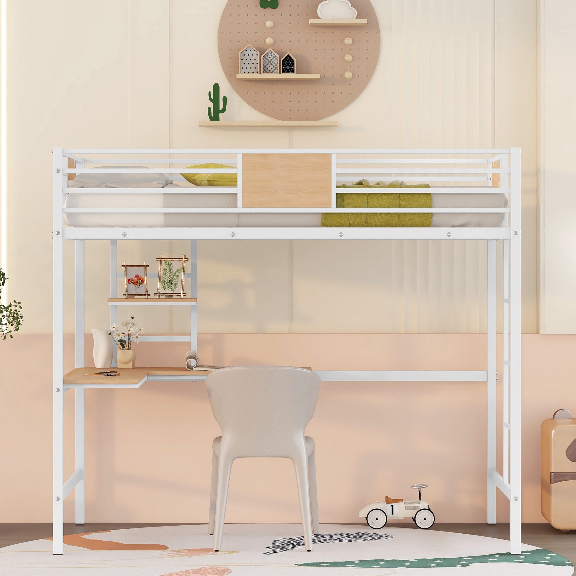 White metal loft bed with integrated desk and shelving for a childs room