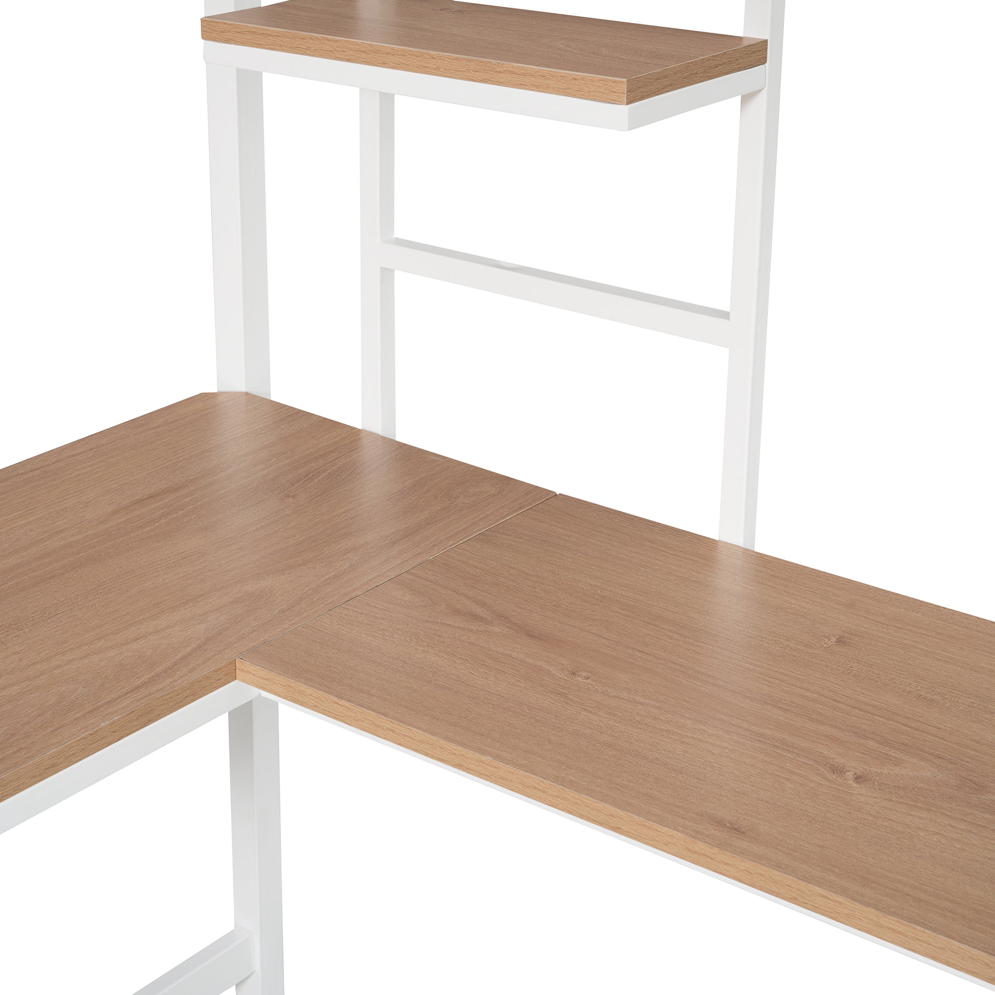 Corner desk with light oak finish and white metal frame perfect for modern home offices