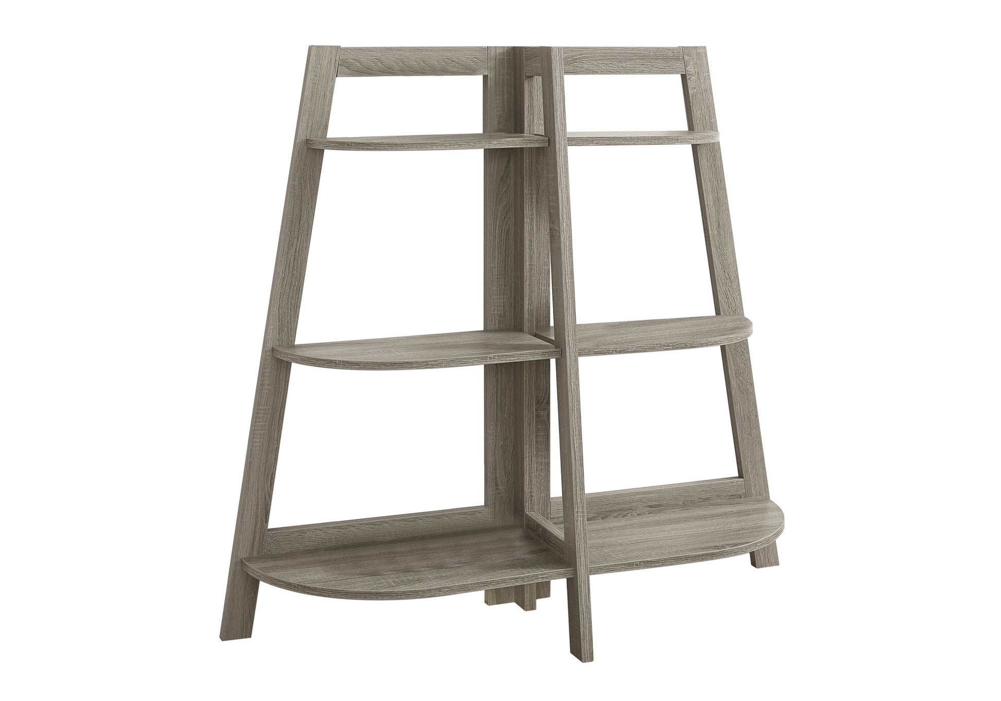 Gray wood ladder bookshelf with three tiered shelves