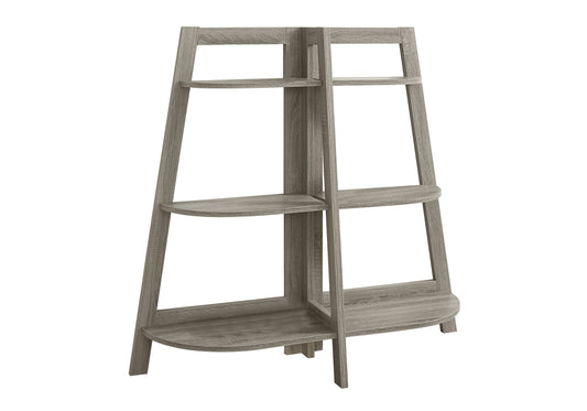 Gray wood ladder bookshelf with three tiered shelves