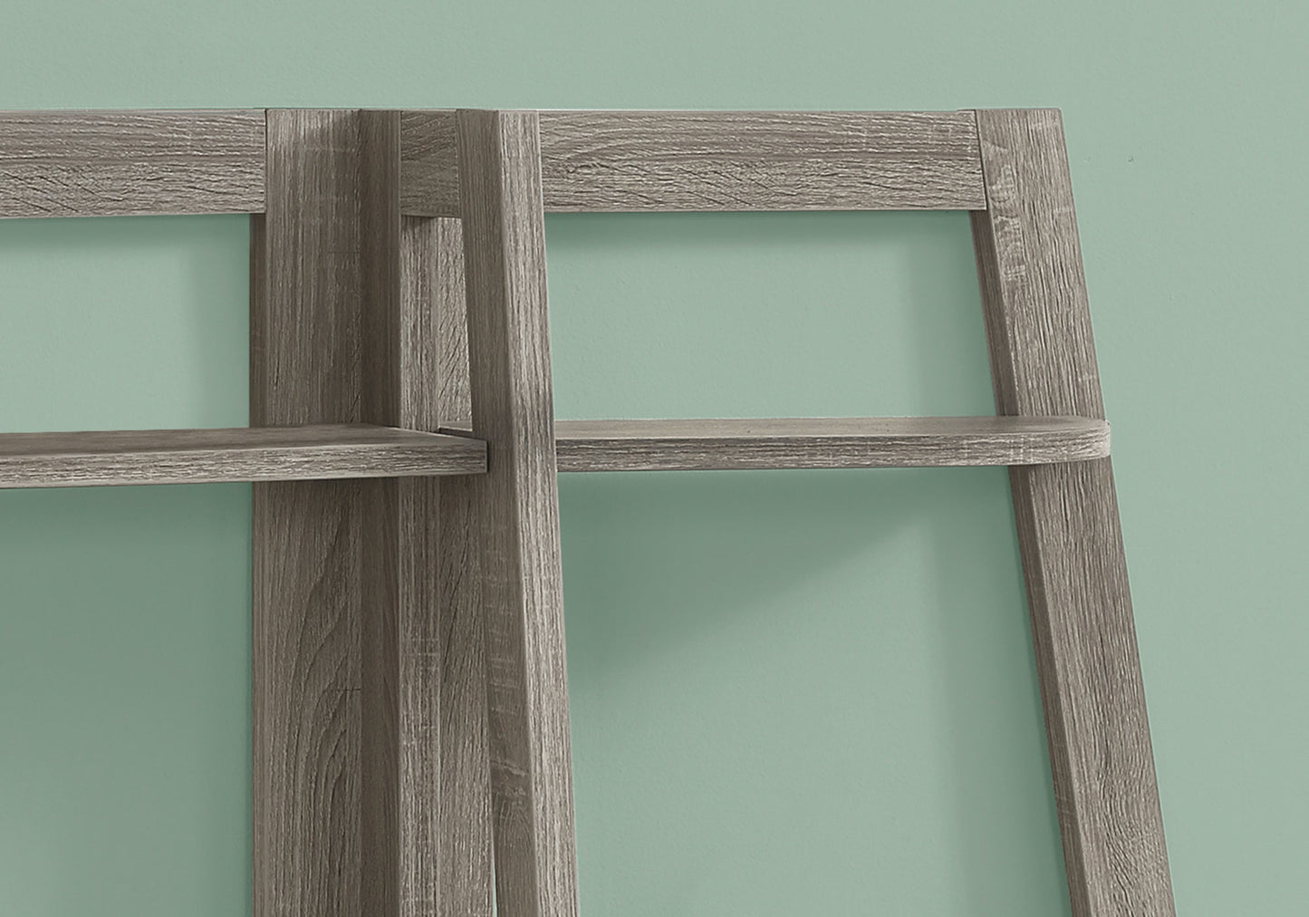 Closeup of rustic grey wood ladder shelf detail