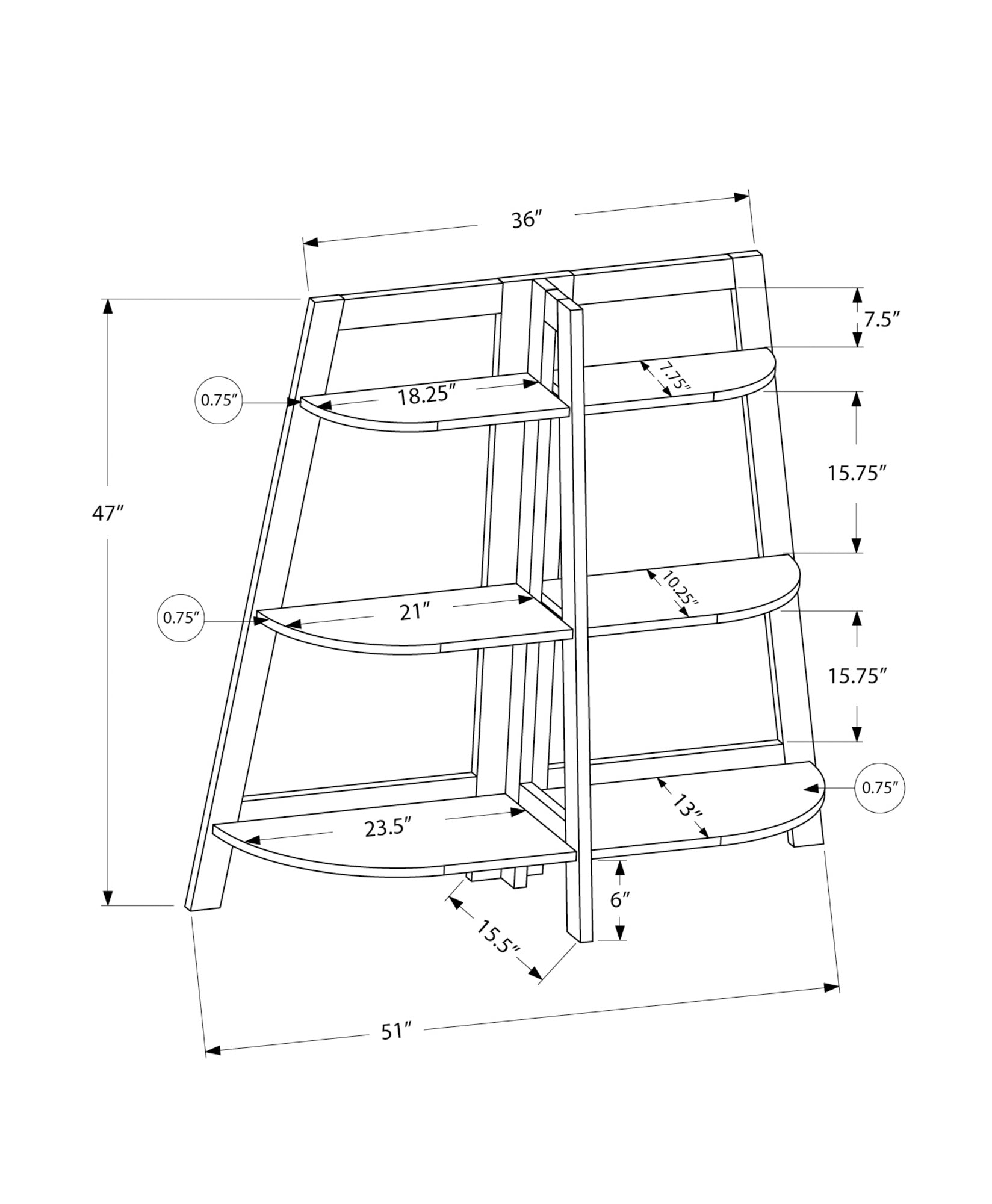 Multitier display shelf dimensions diagram with  width and  height