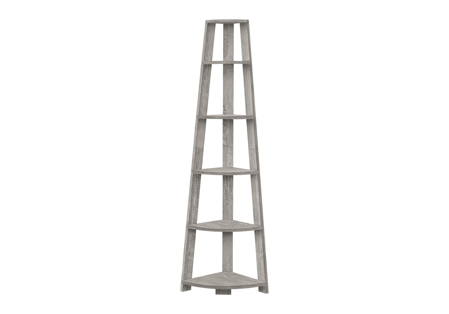 Grey wood fivetier corner shelf with a modern design