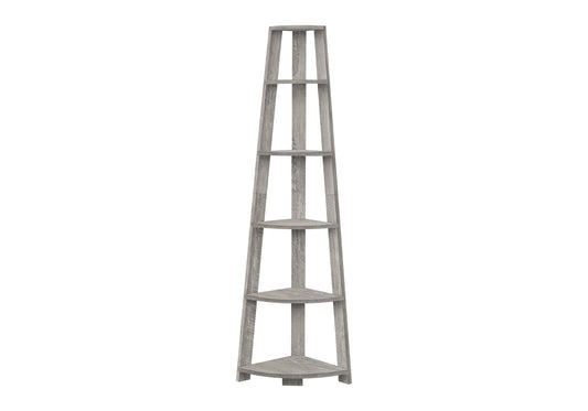 Grey wood fivetier corner shelf with a modern design