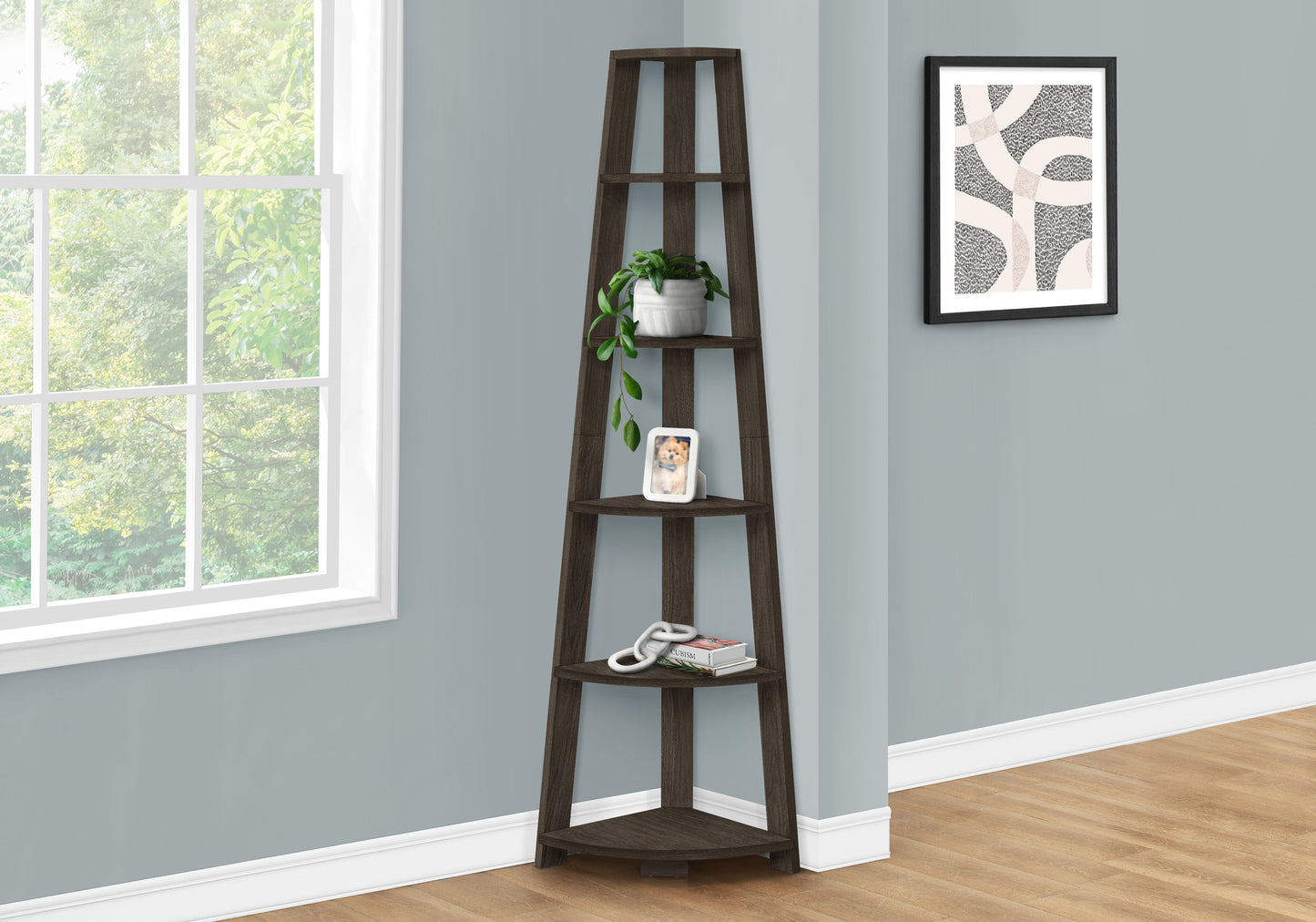 Dark brown wooden corner shelf unit