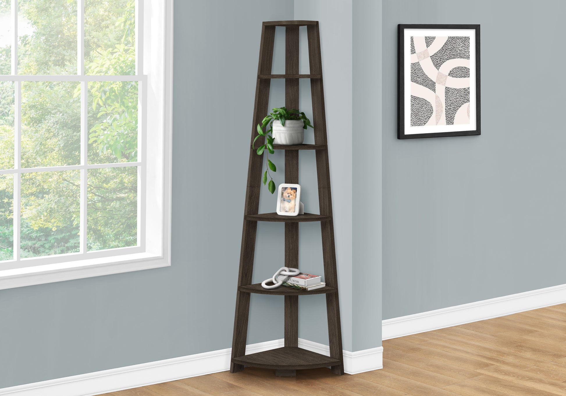 Dark brown wooden corner shelf unit