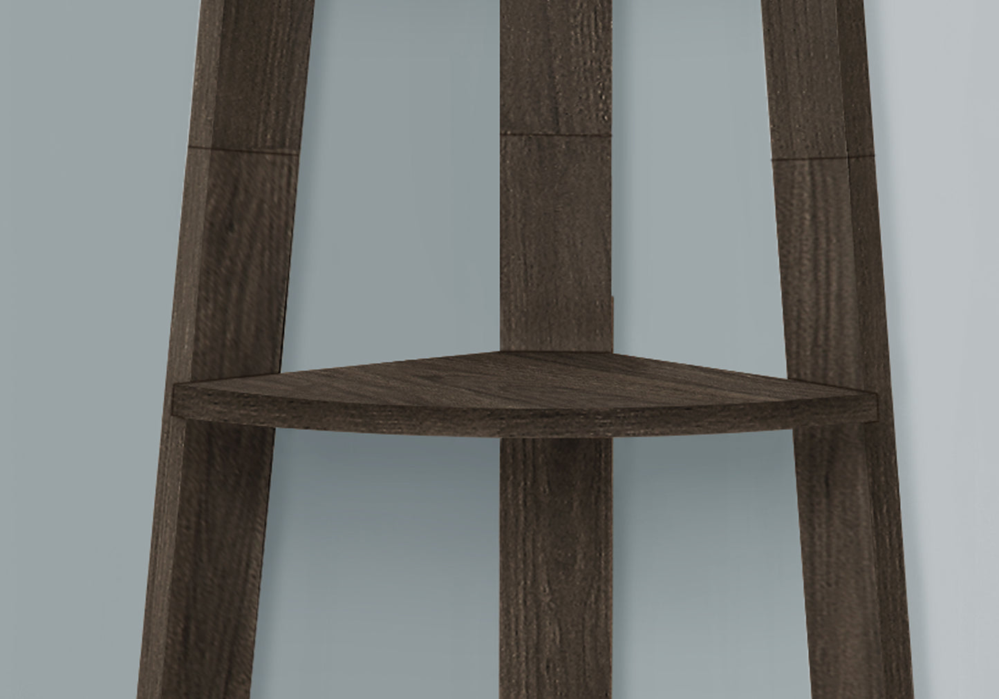 Dark wood corner shelf unit with tiered shelves