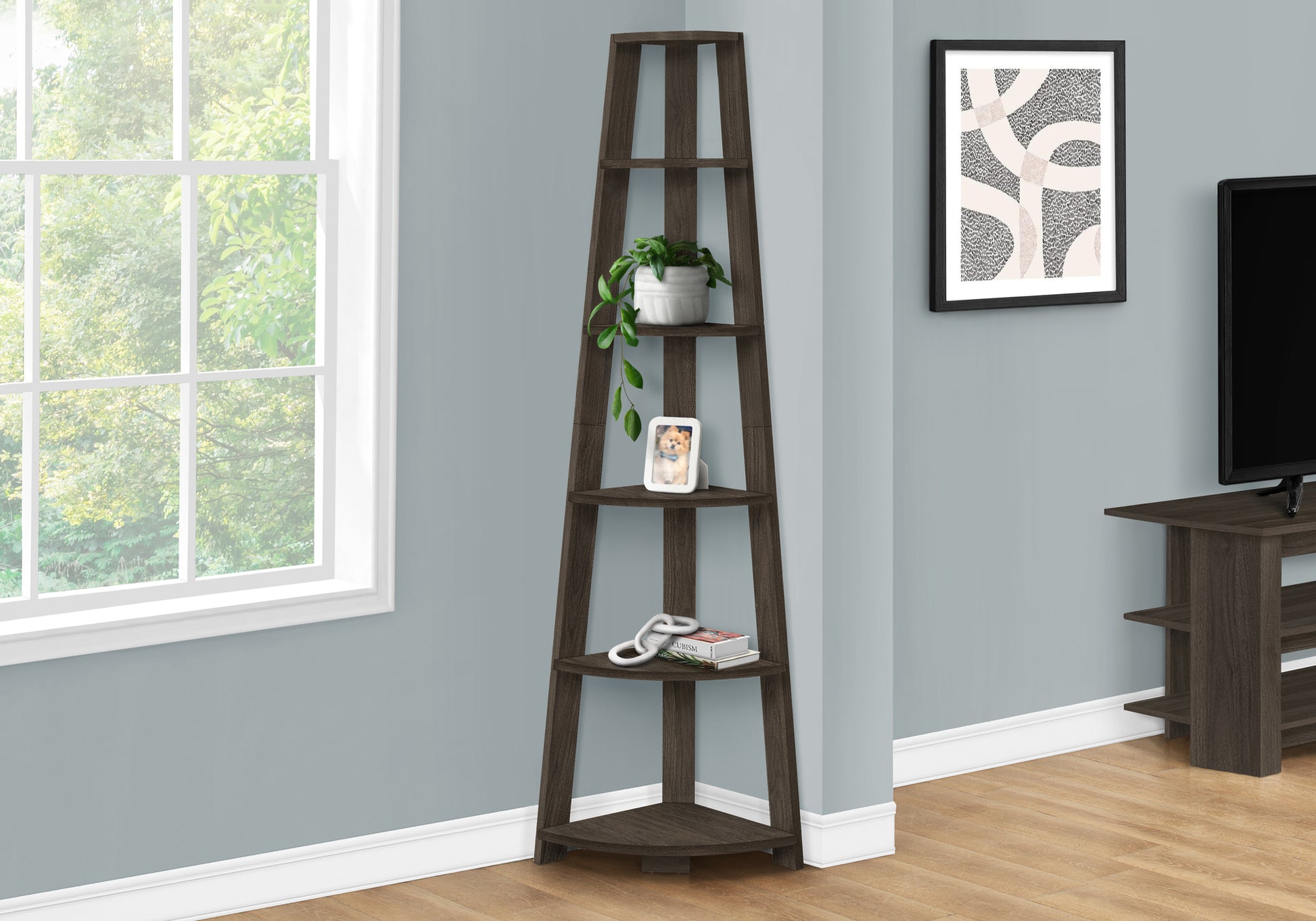 Dark brown wood tall corner shelf with  tiers