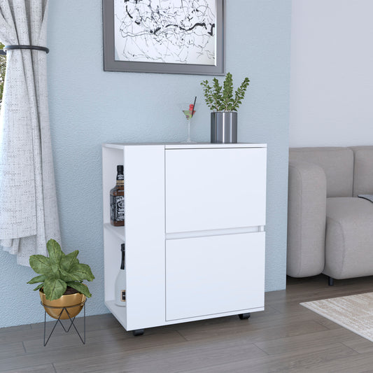 Compact white bar cart with dual drawers and open shelving