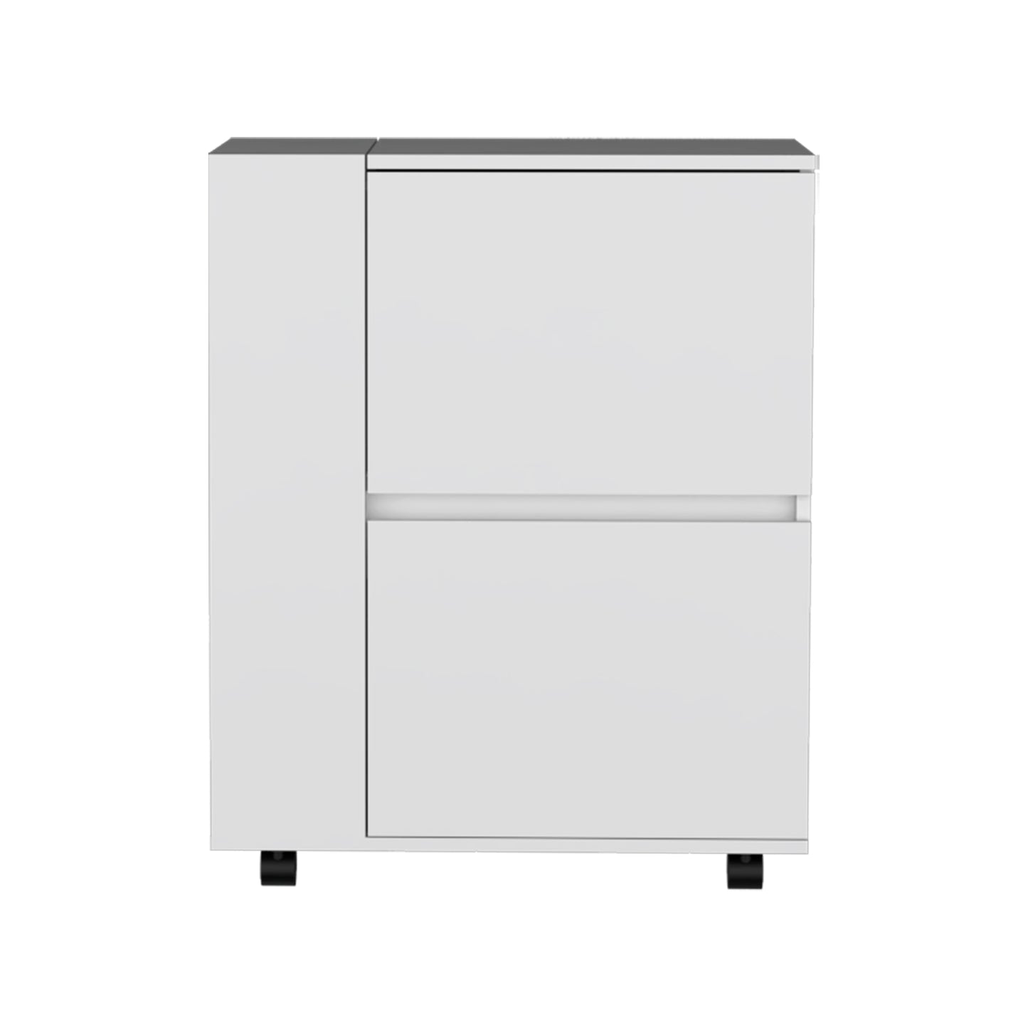 White twodrawer mobile pedestal with black wheels