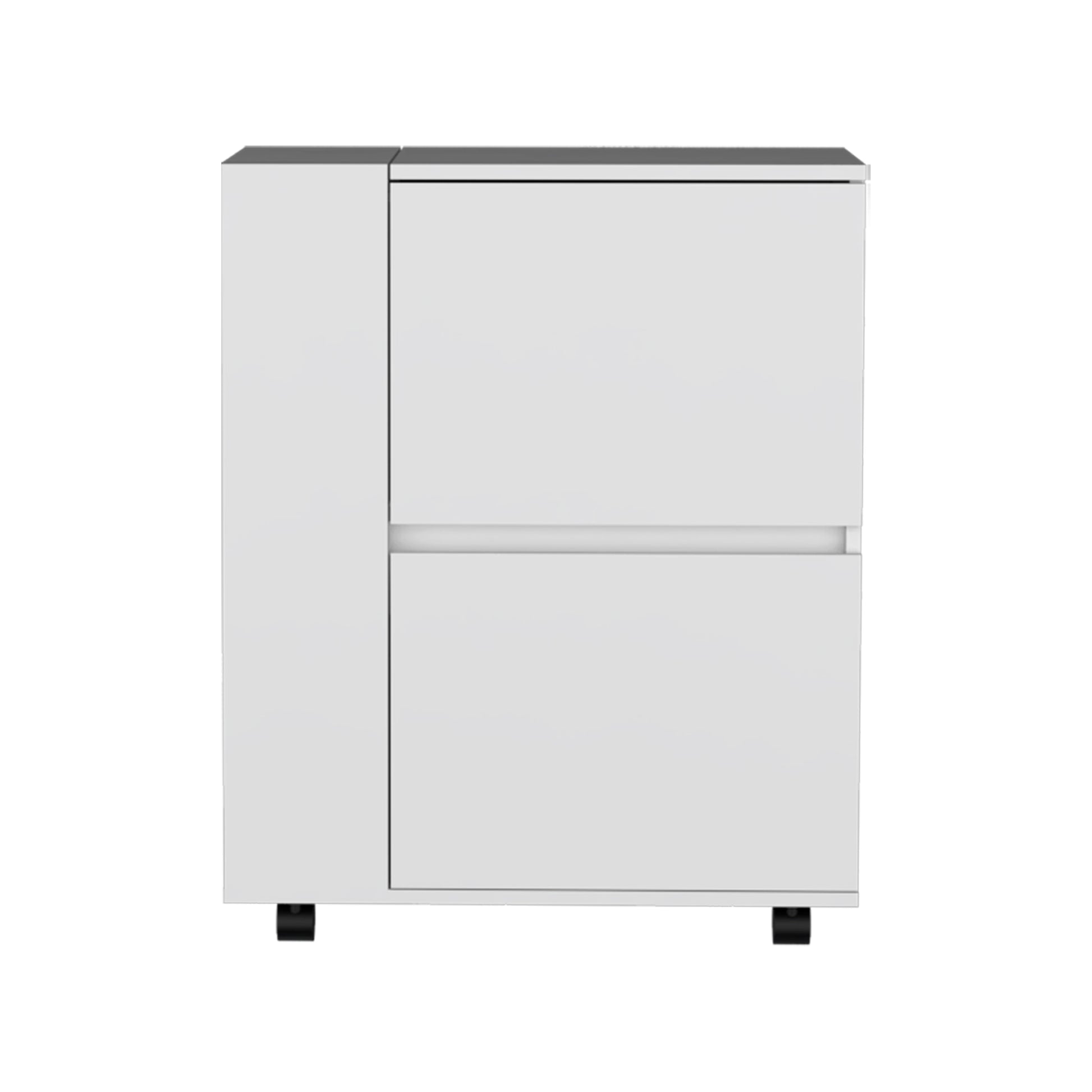 White twodrawer mobile pedestal with black wheels