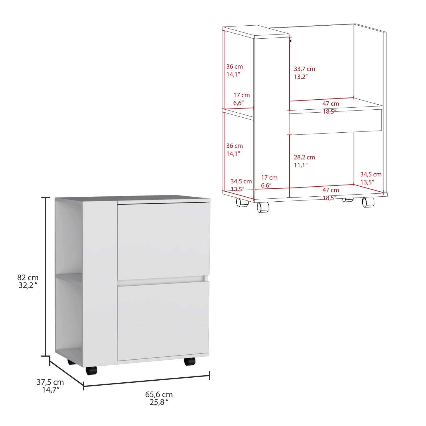 White mobile filing cabinet with two drawers and an open shelf