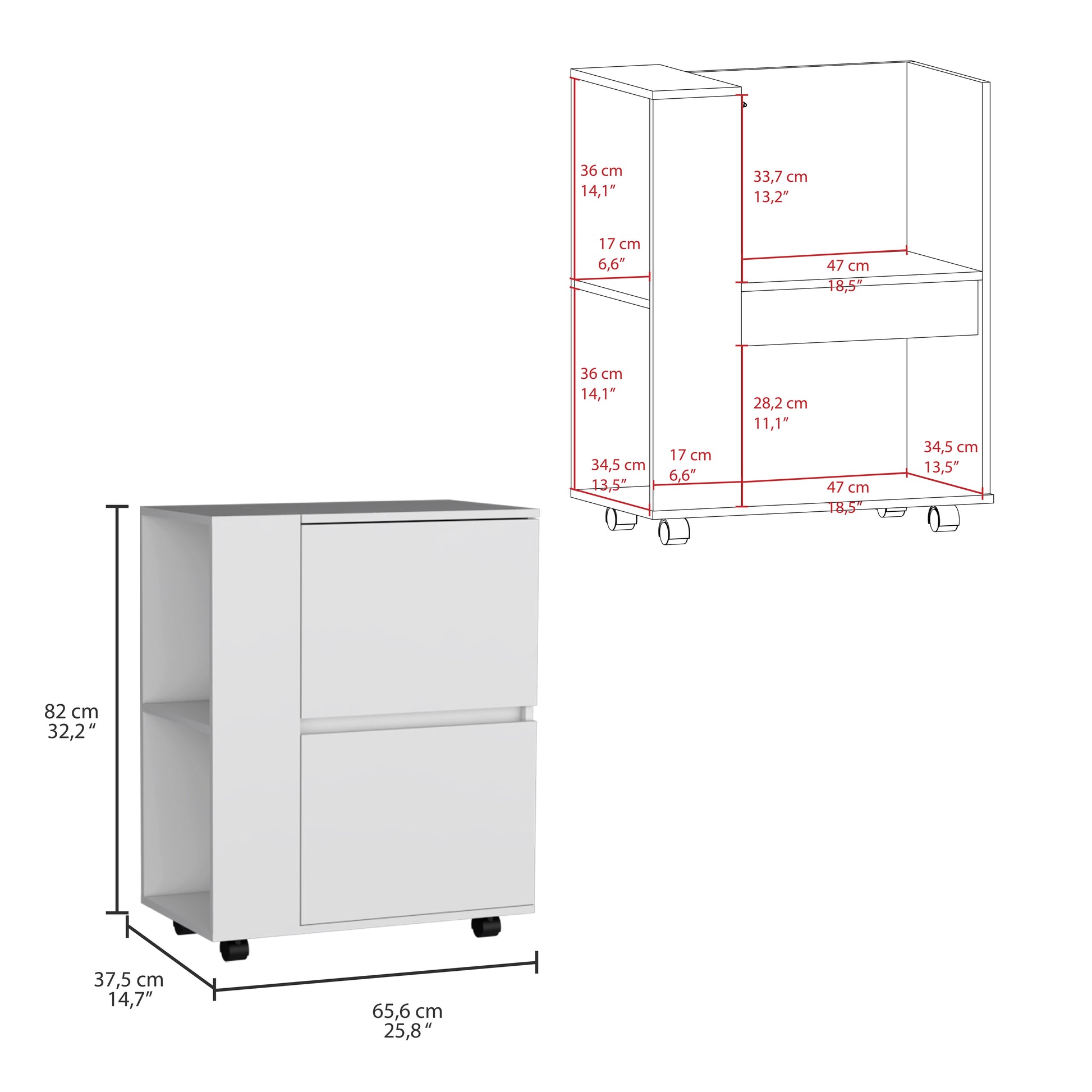 White mobile filing cabinet with two drawers and an open shelf