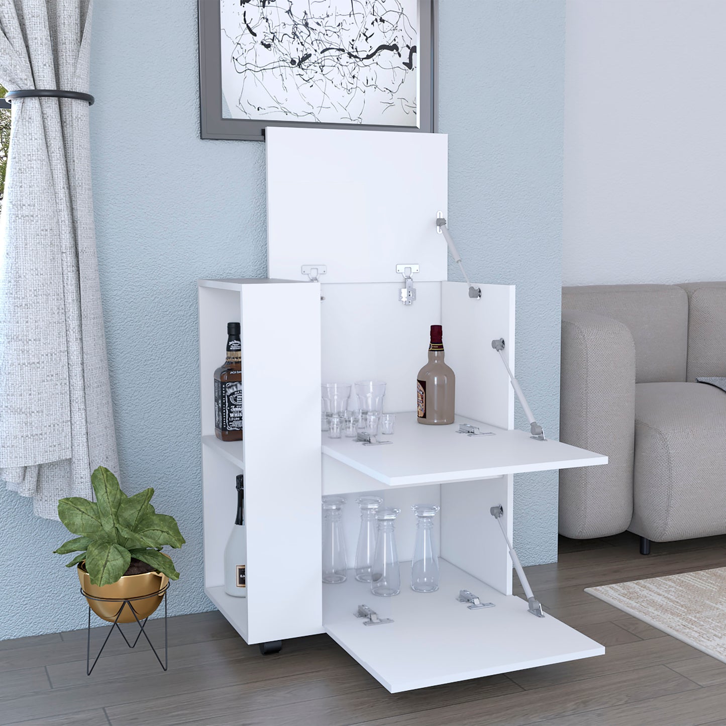 Compact white bar cabinet with bottle and glasses storage