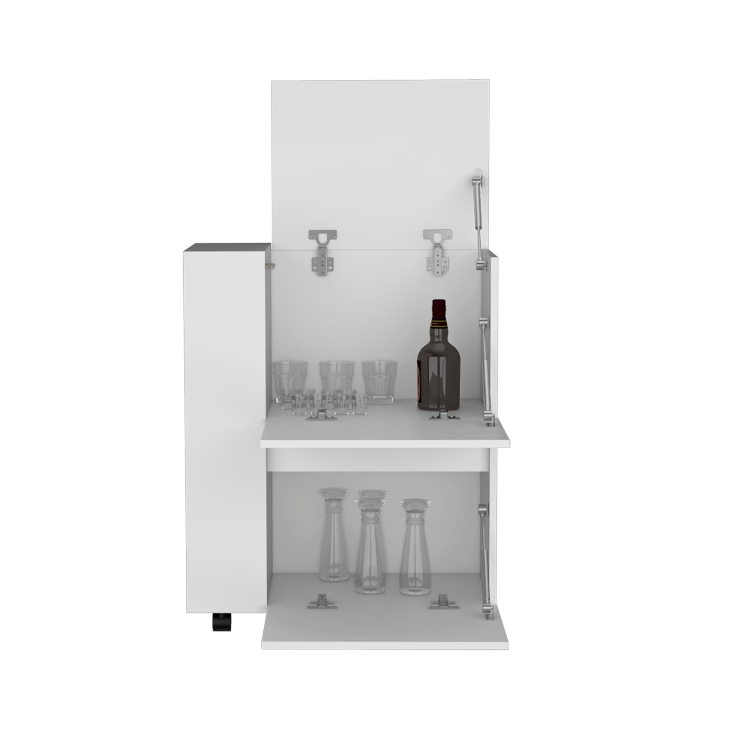 White modern bar cabinet with open doors showing glasses and a whiskey bottle
