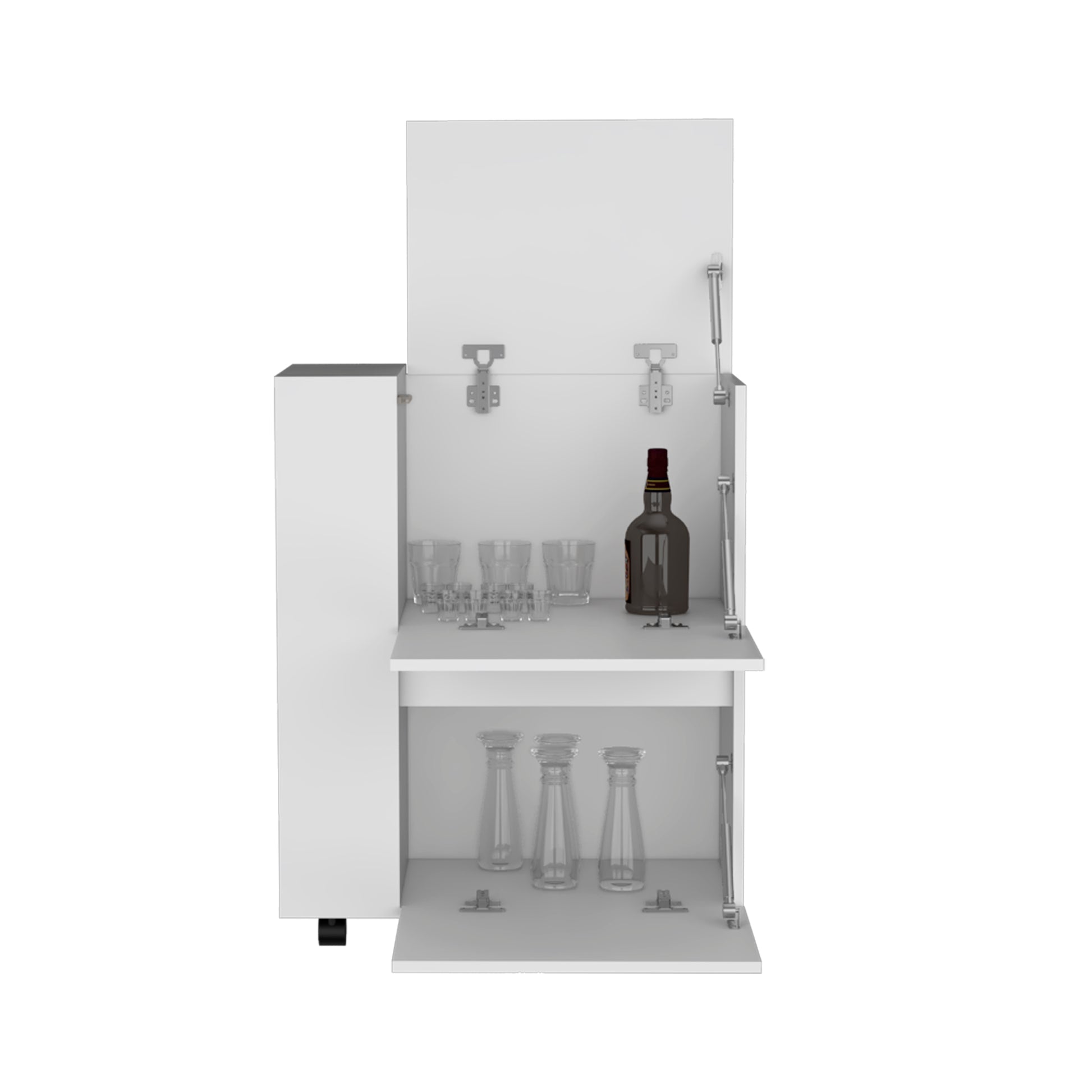 White modern bar cabinet with open doors showing glasses and a whiskey bottle