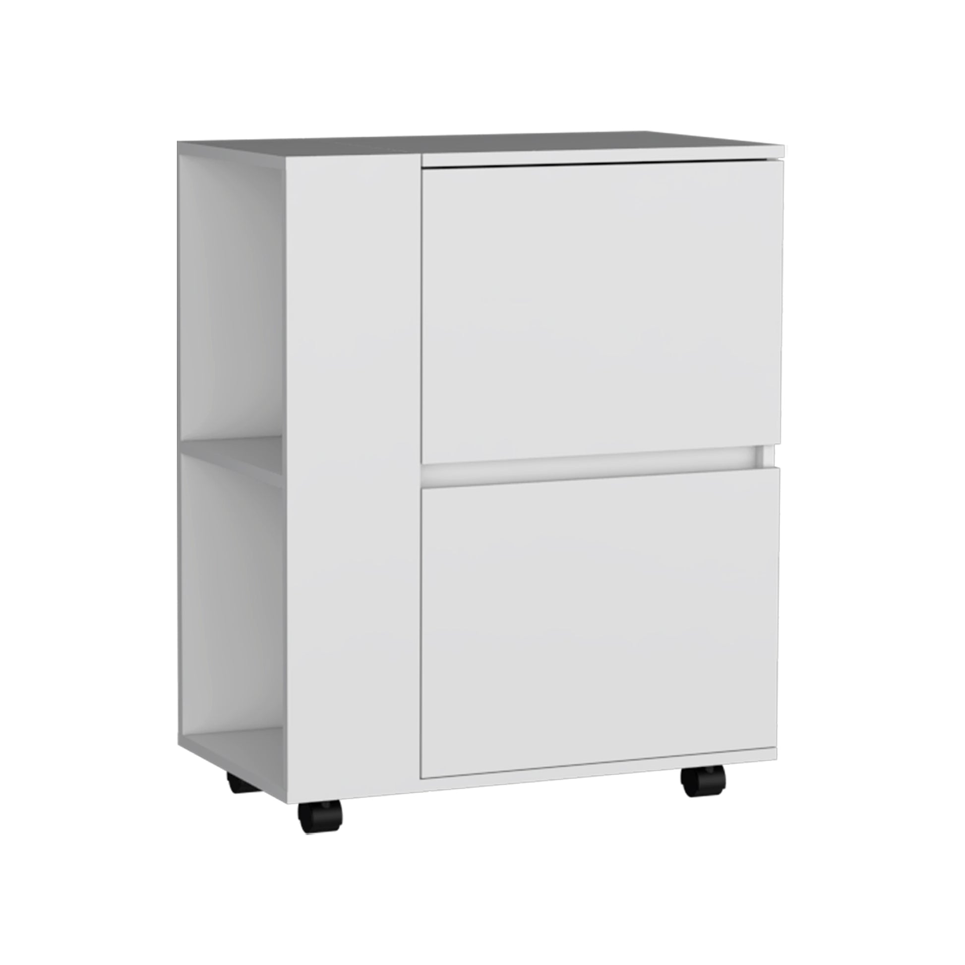 White rolling filing cabinet with two drawers and open shelving