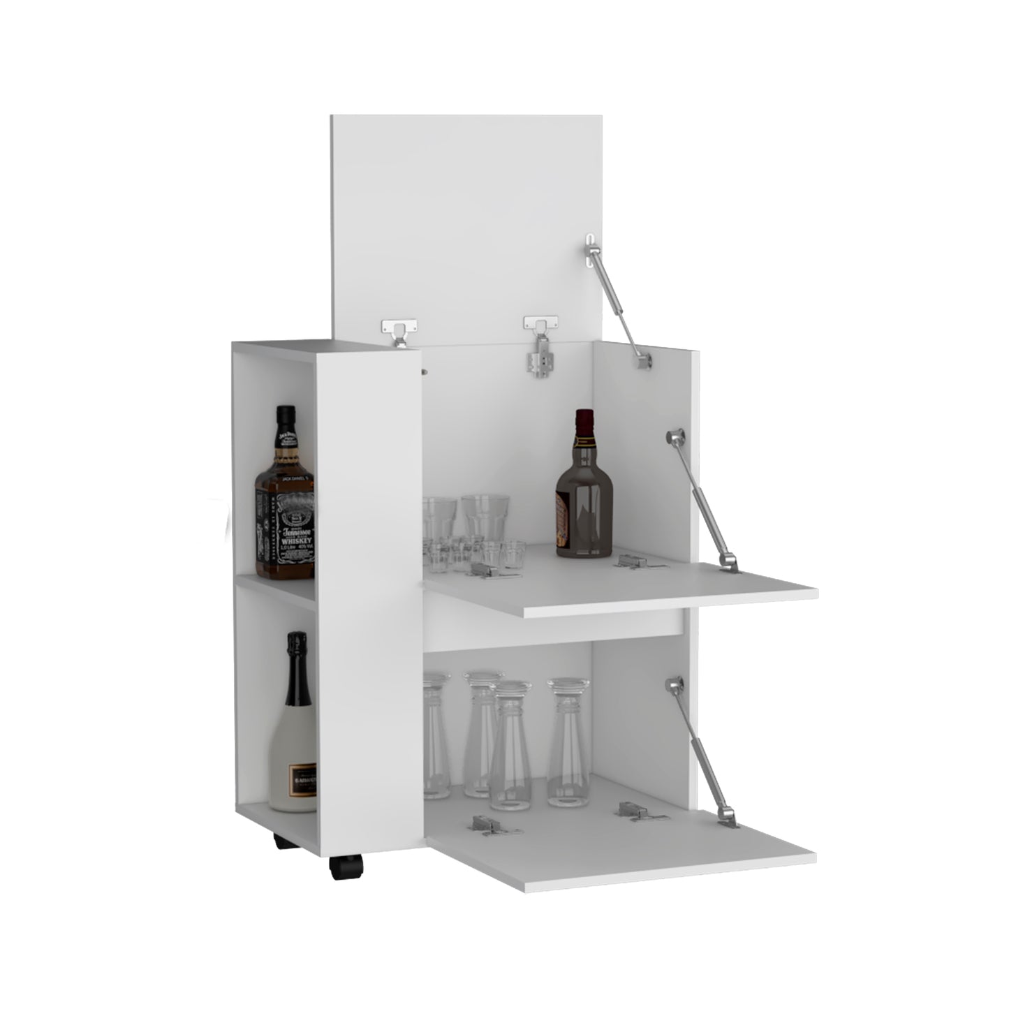 White bar cabinet with two shelves holding bottles and glasses