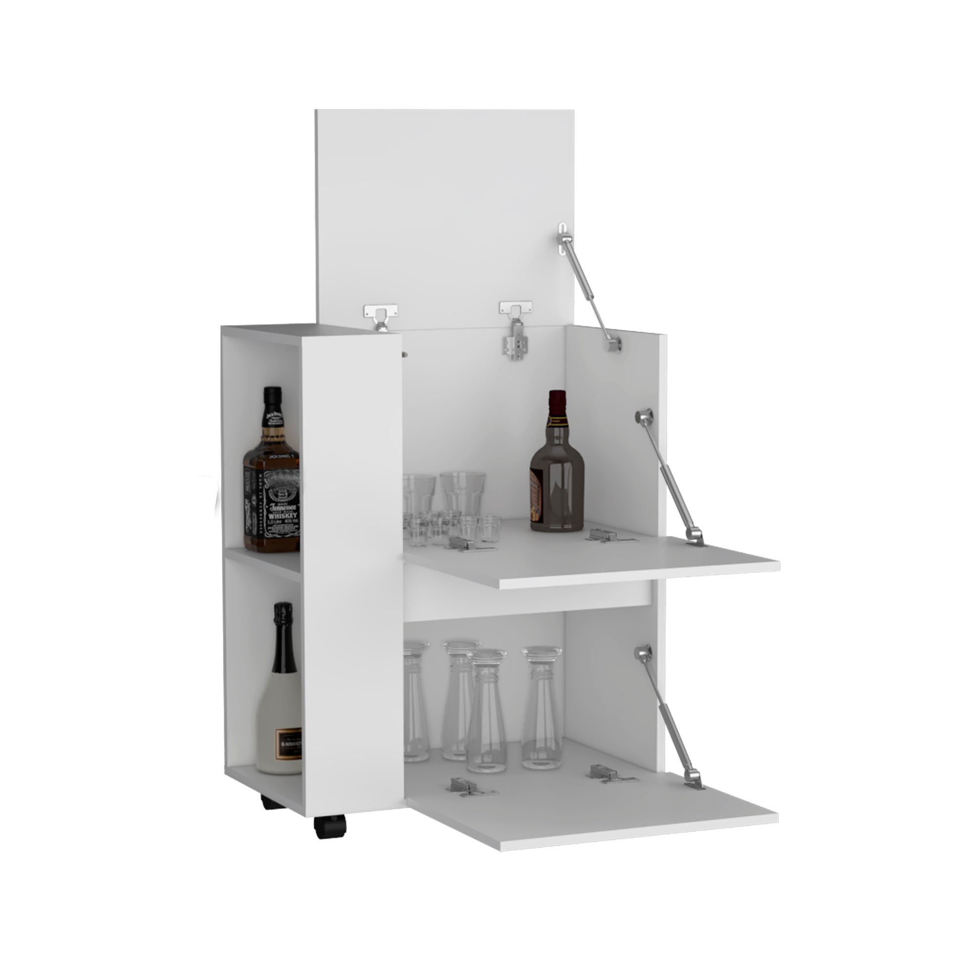 White bar cabinet with two shelves holding bottles and glasses