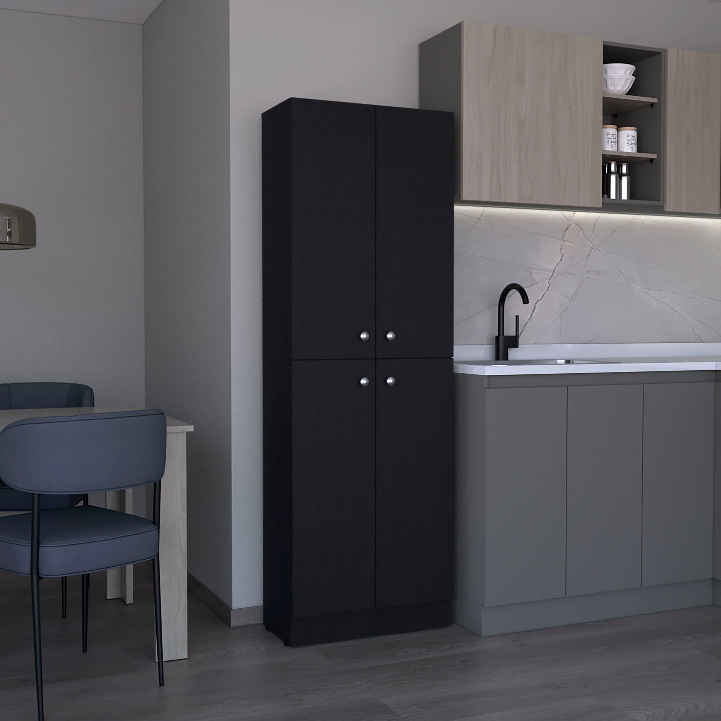 Tall black pantry cabinet with silver handles