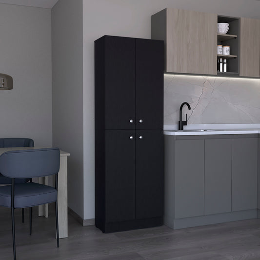 Tall black pantry cabinet with silver handles