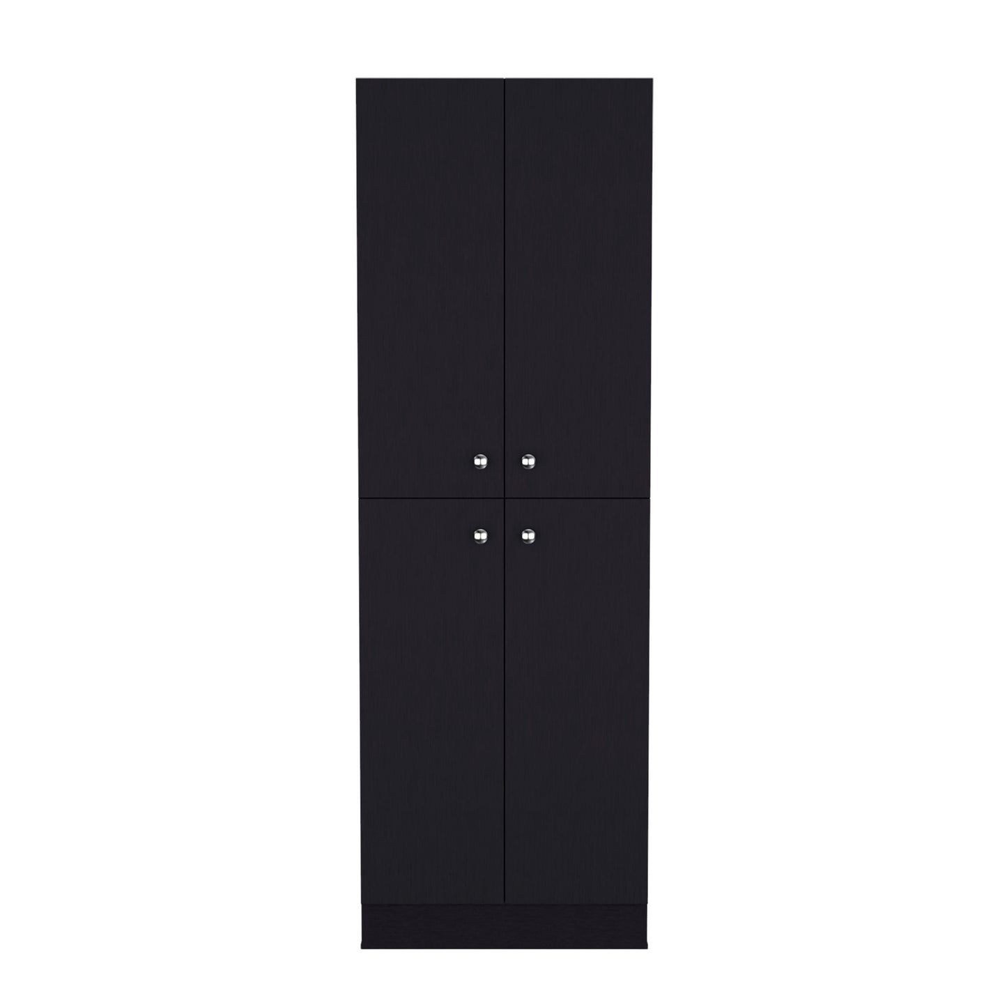 Tall black pantry cabinet with four doors and silver handles