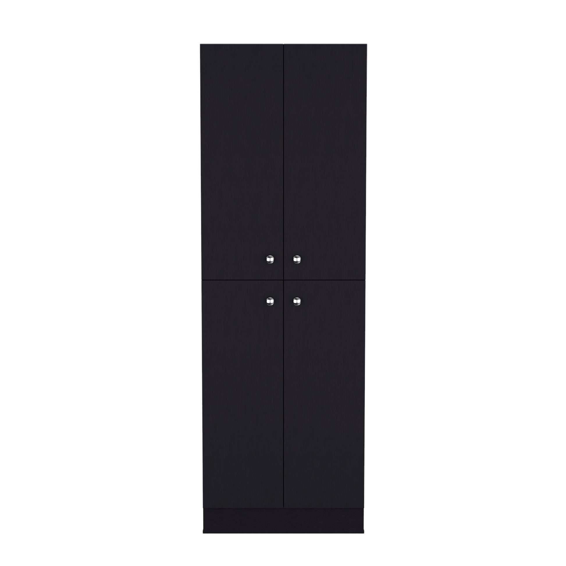 Tall black pantry cabinet with four doors and silver handles