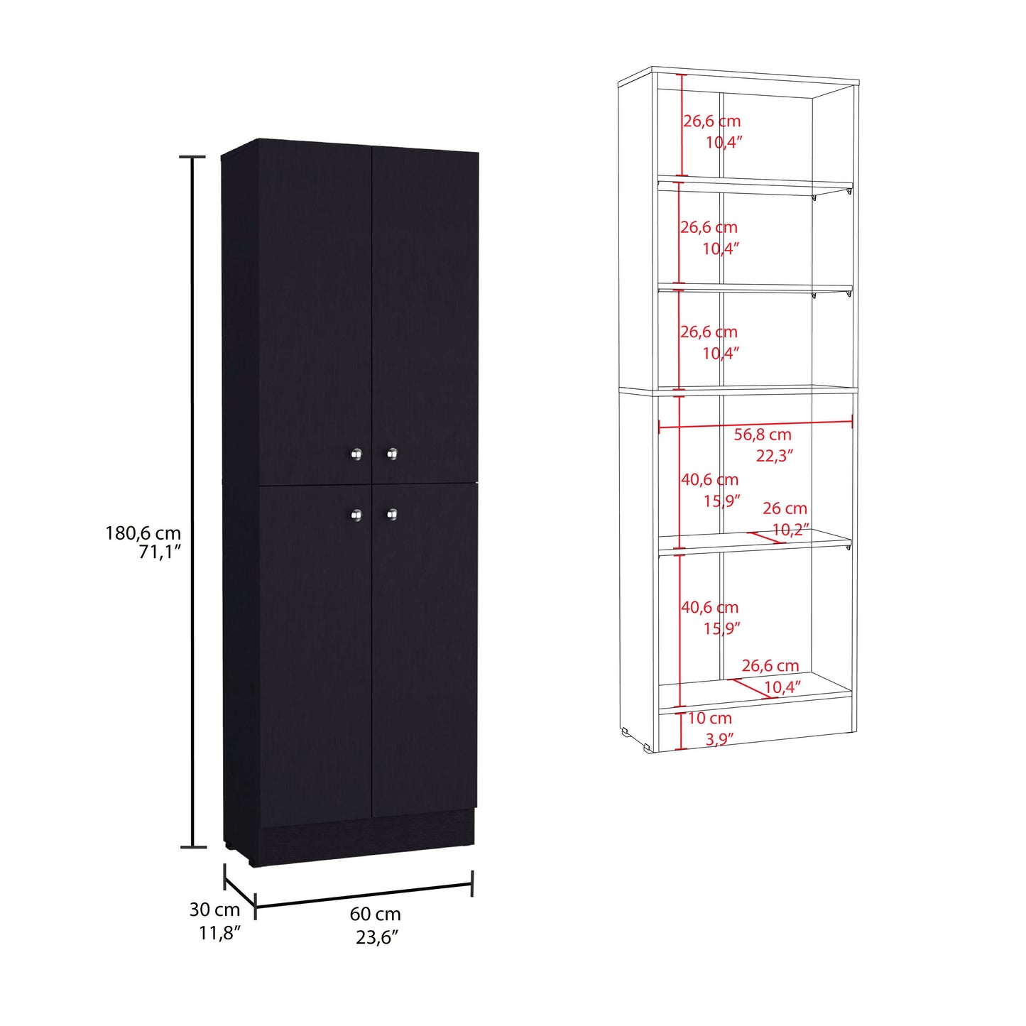 Black tall cabinet with four silver knobs