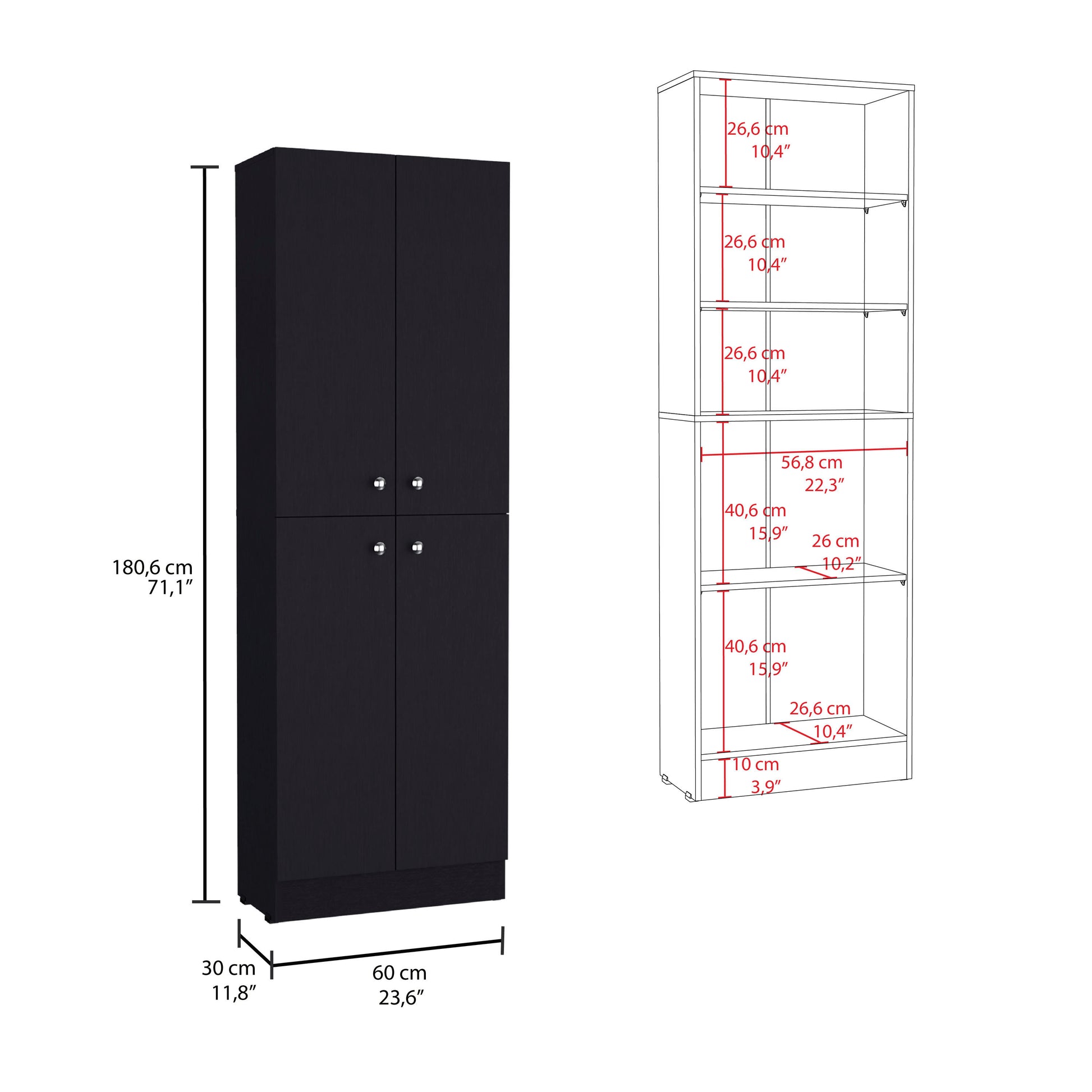 Black tall cabinet with four silver knobs