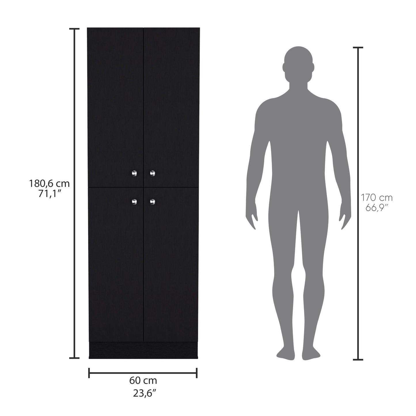 Tall black storage cabinet with four doors and silver handles