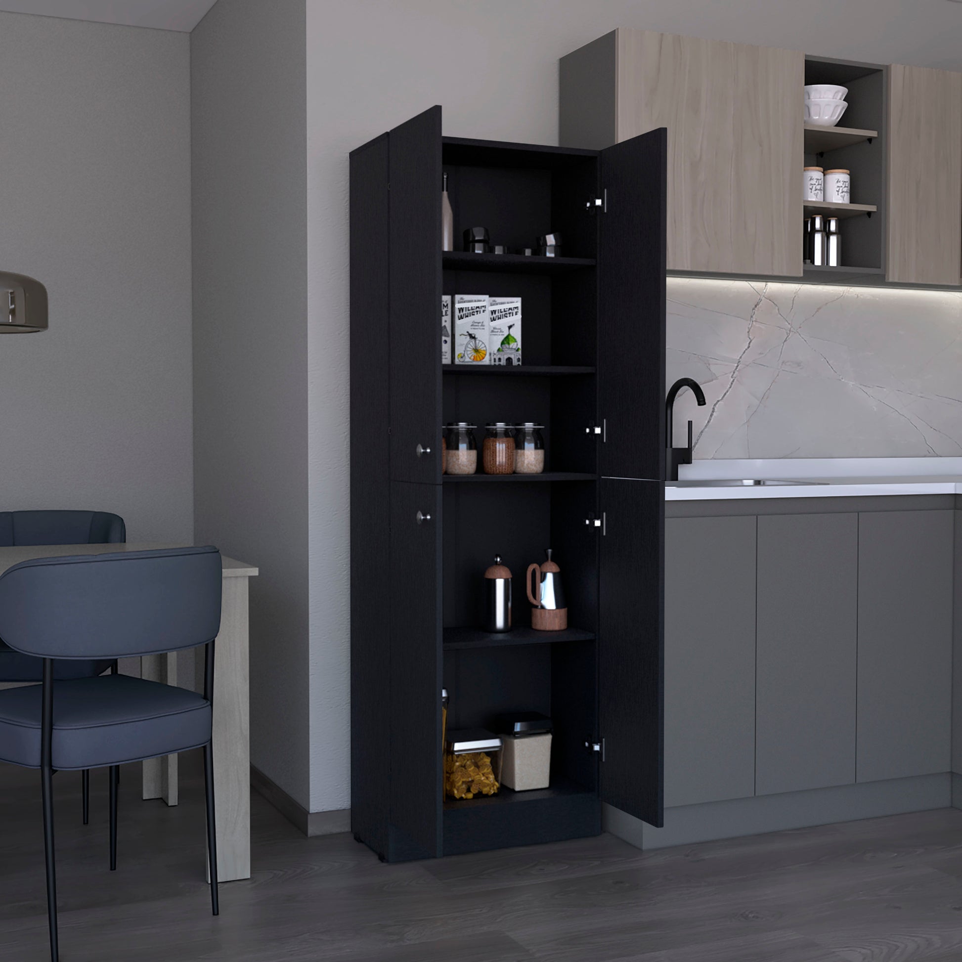 Black kitchen pantry cabinet with open doors displaying shelves