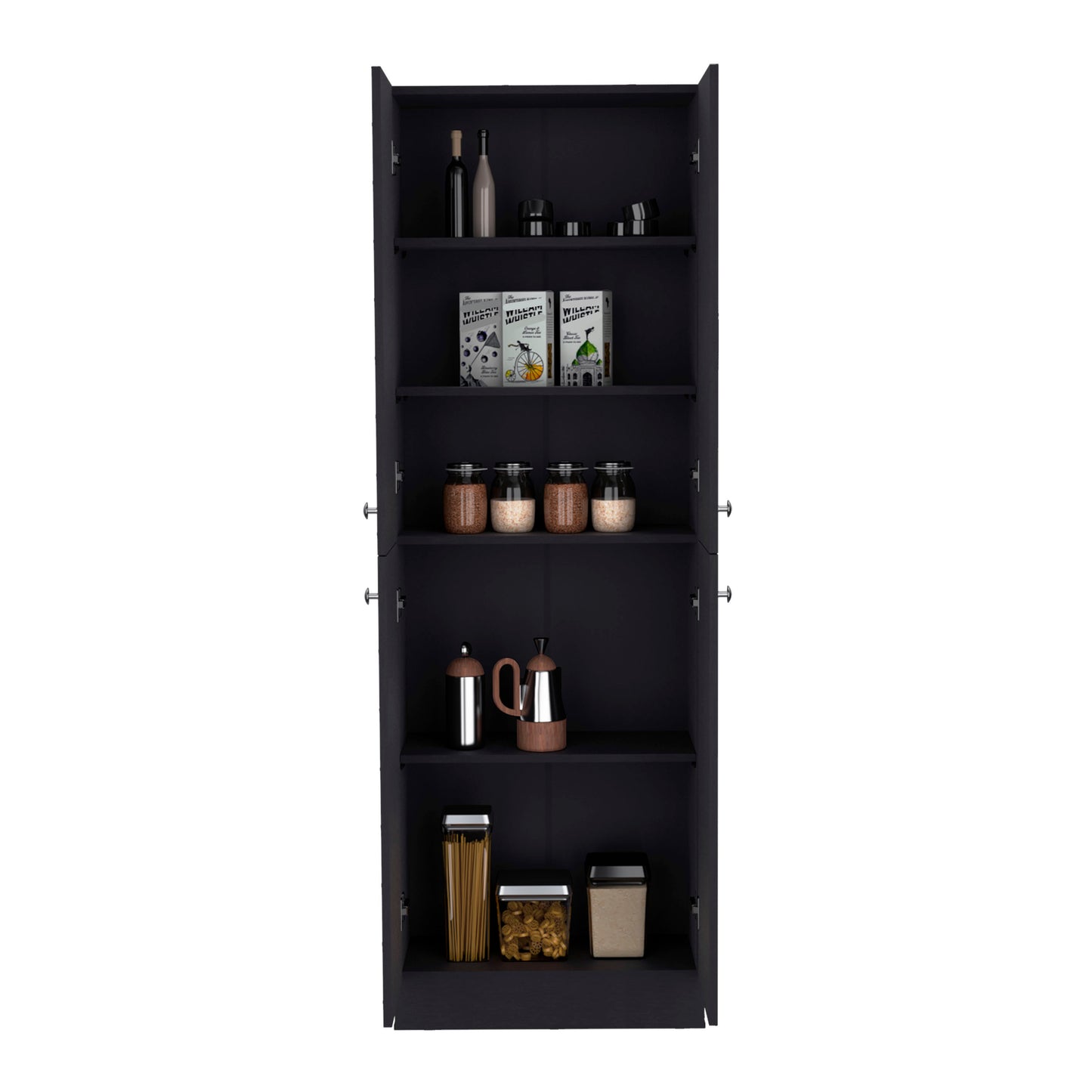 Black pantry cabinet displaying wine bottles and canisters