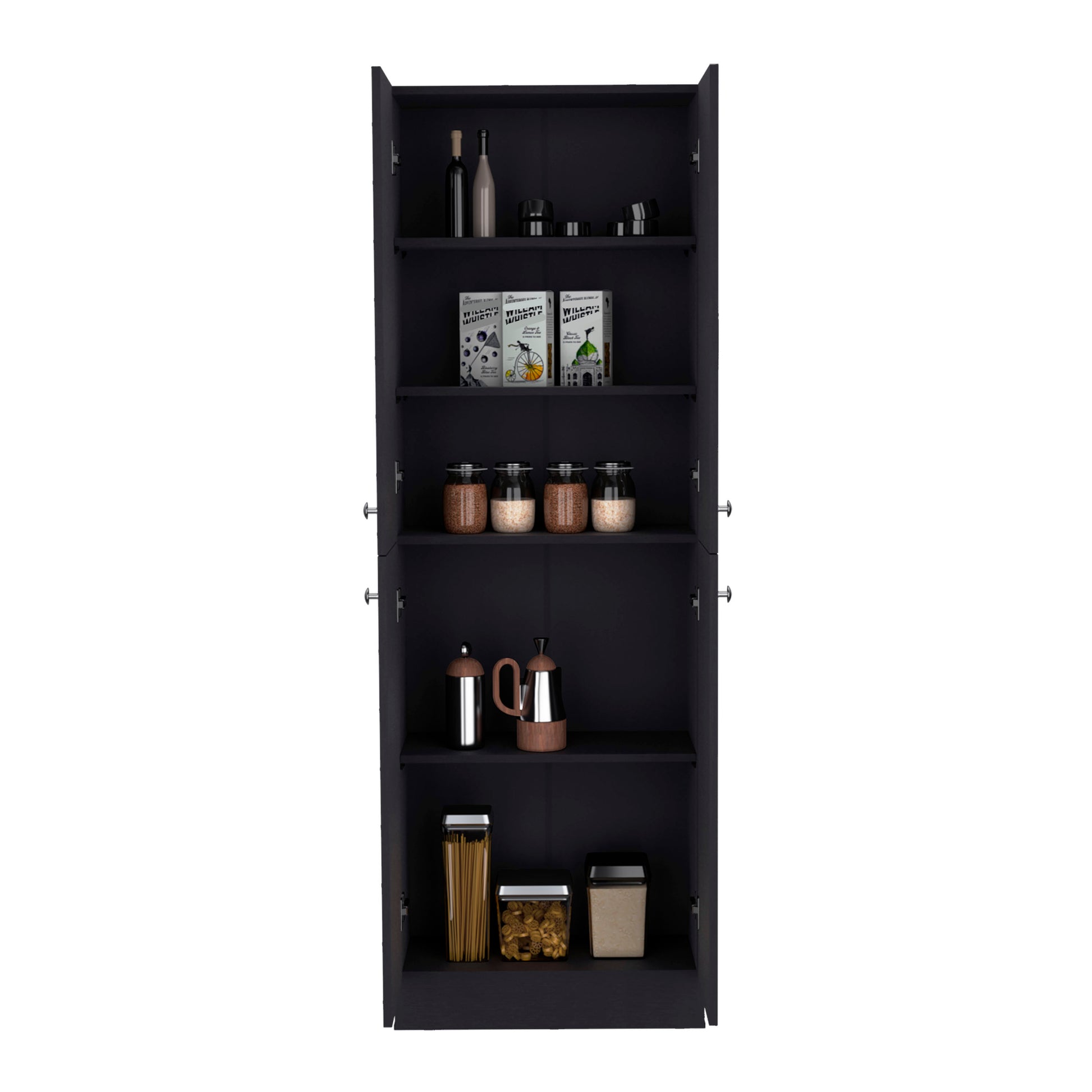 Black pantry cabinet displaying wine bottles and canisters