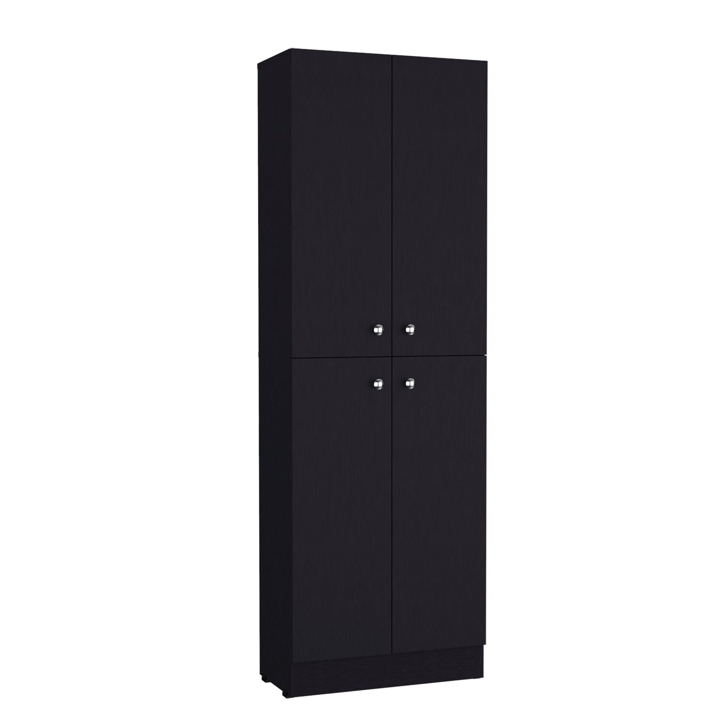 Black tall pantry cabinet with four doors and silver handles