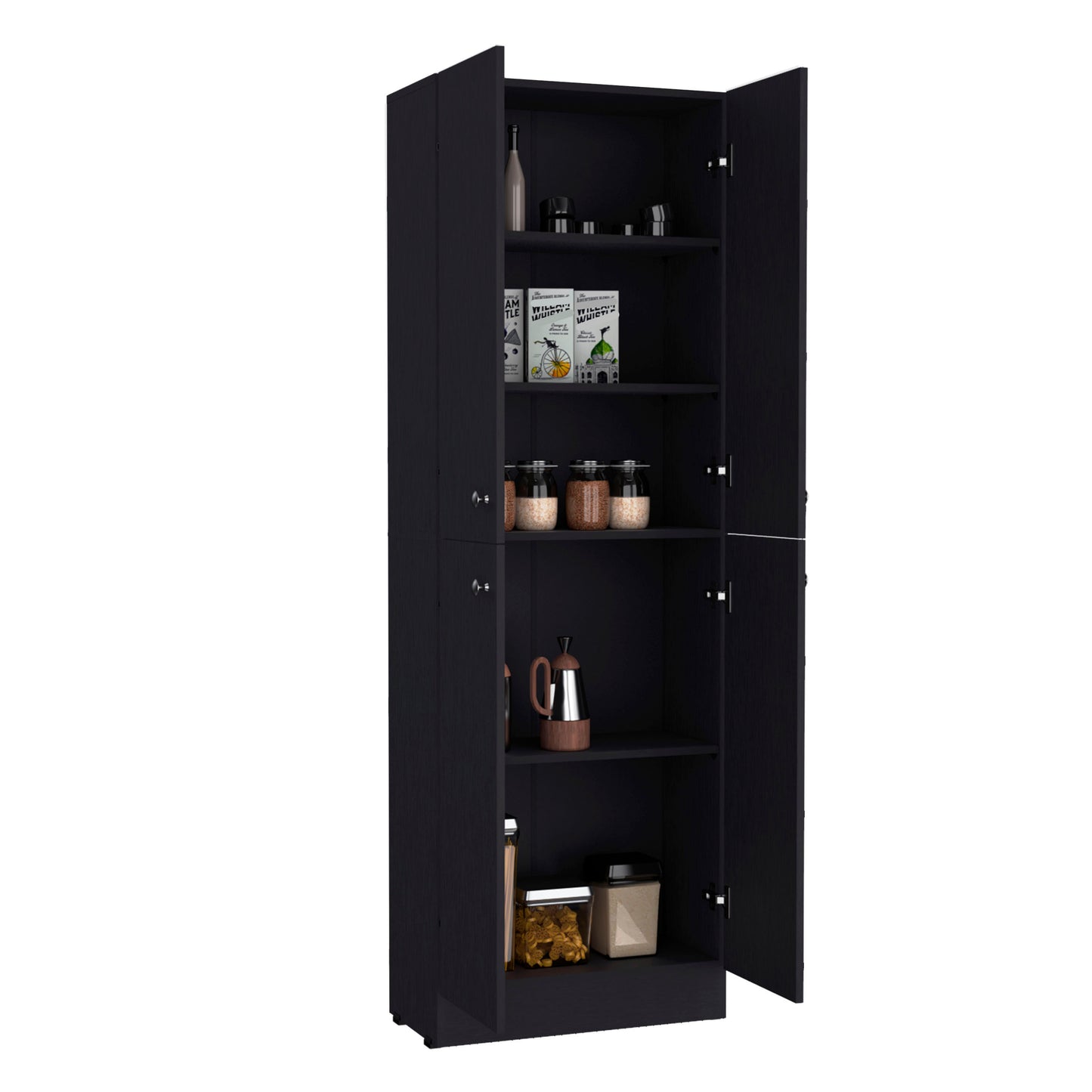 Black tall pantry cabinet with open doors and kitchen essentials