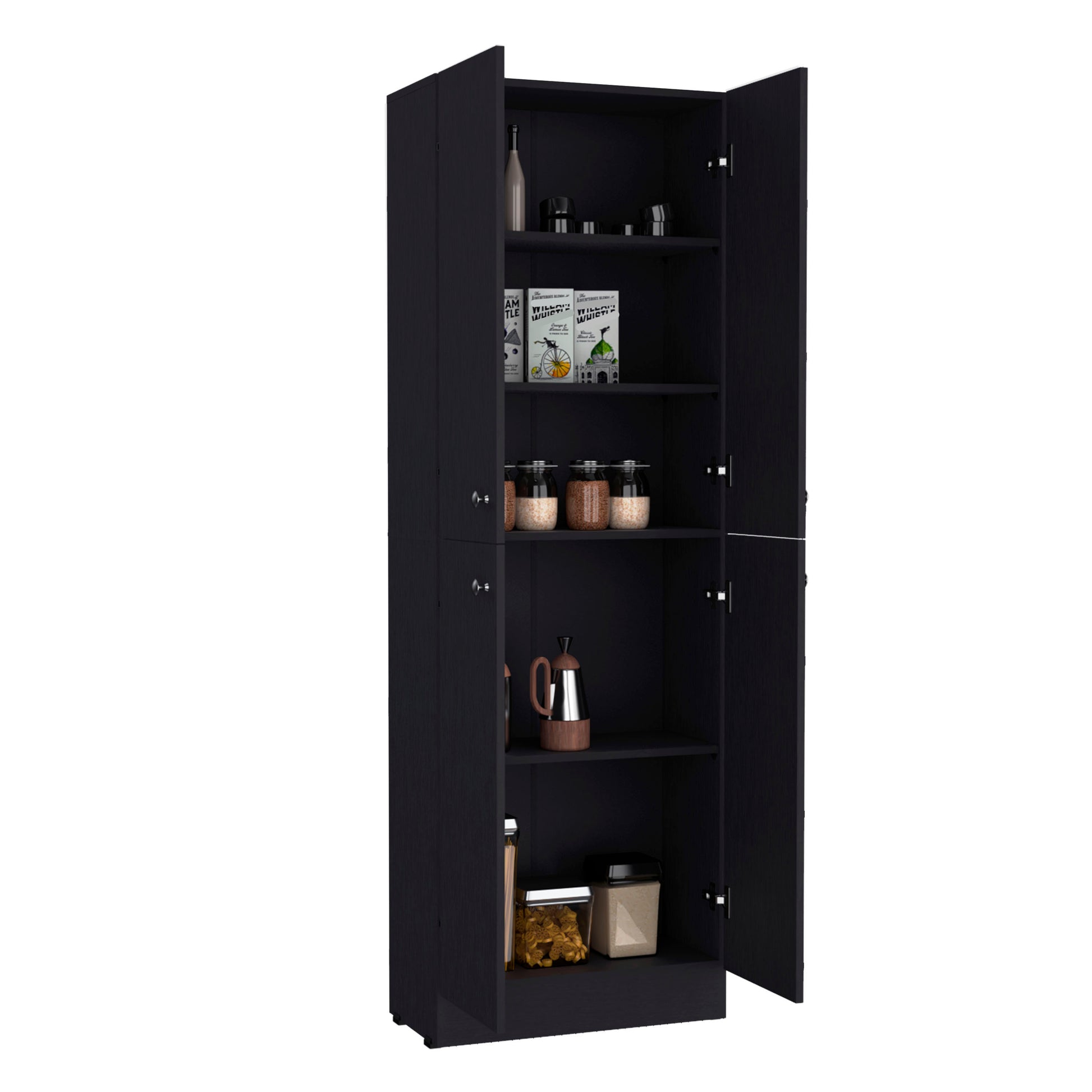 Black tall pantry cabinet with open doors and kitchen essentials